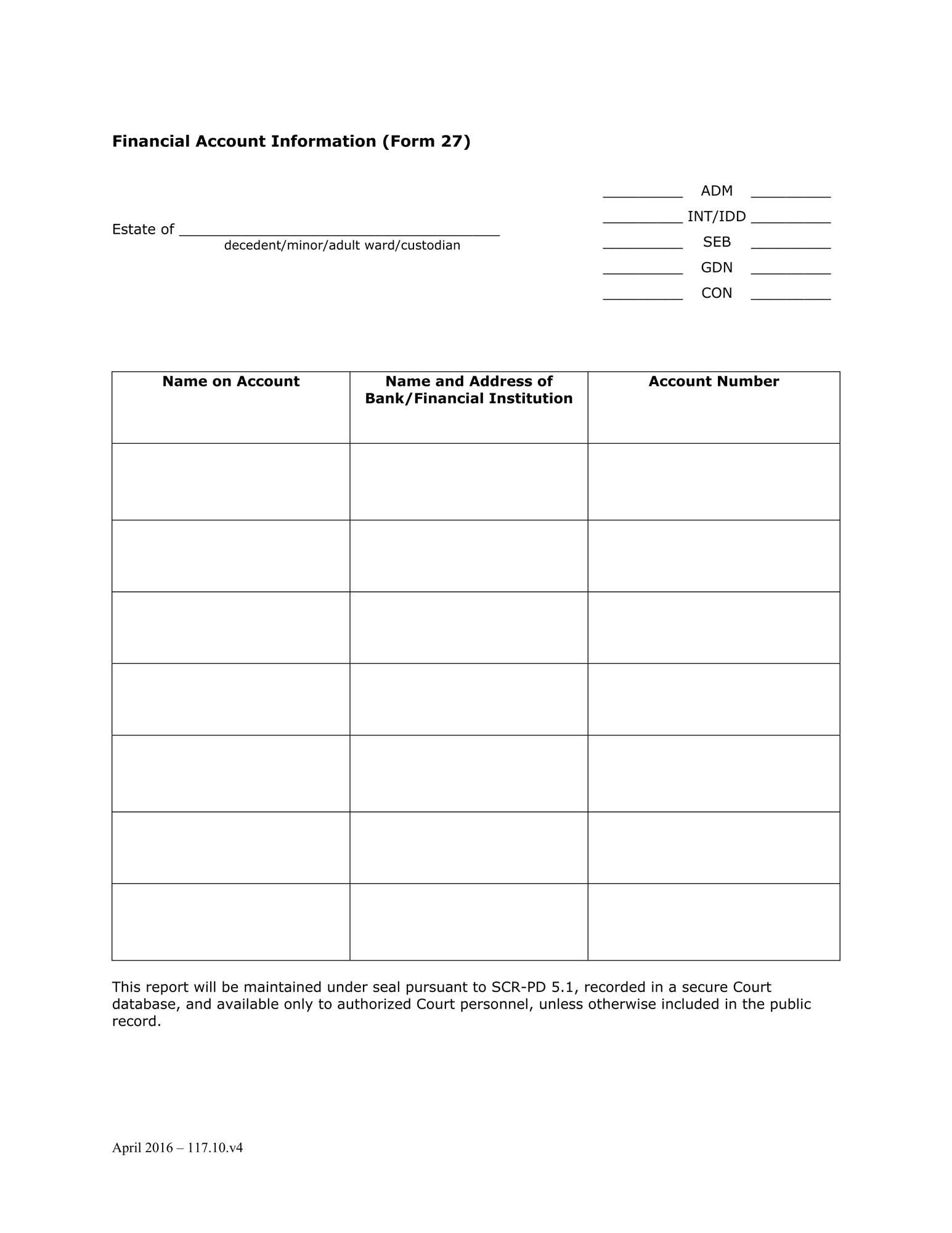 Inventory and Accounting Form (INT) - Financial Account Information (Form 27) thumbnail