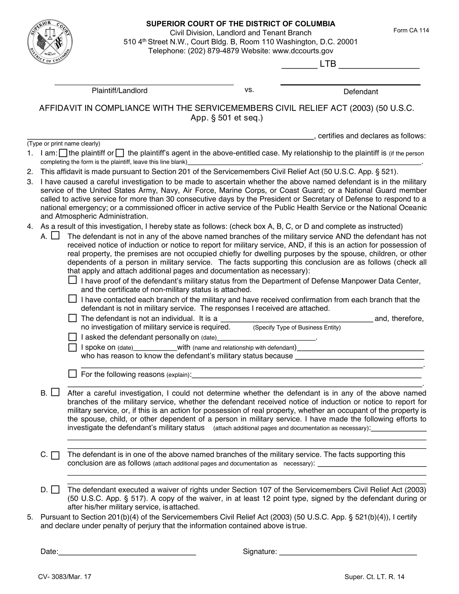 Servicemembers Civil Relief Act Affidavit thumbnail