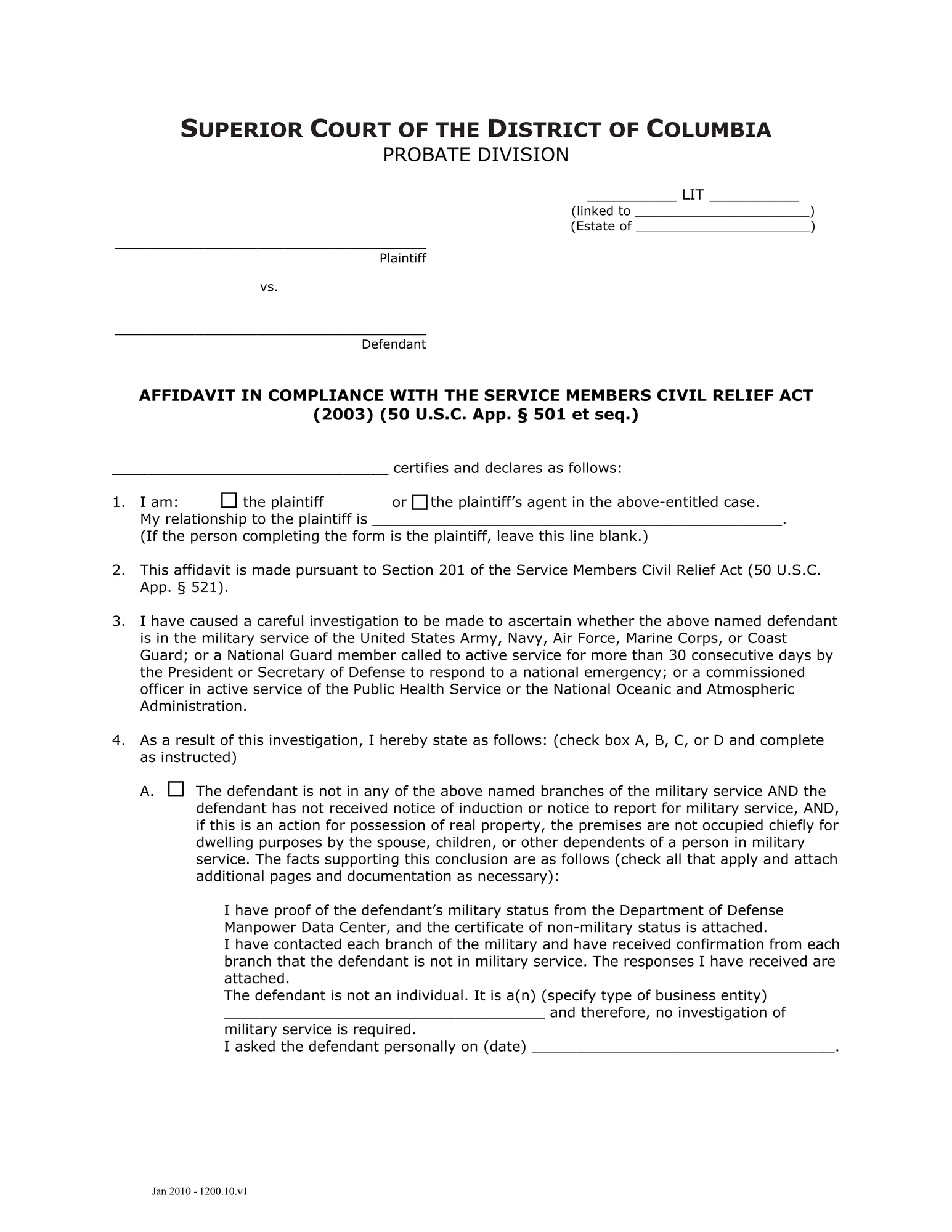 General Forms (LIT) - Affidavit in Compliance with the Service Members Civil Relief Act (2003) thumbnail