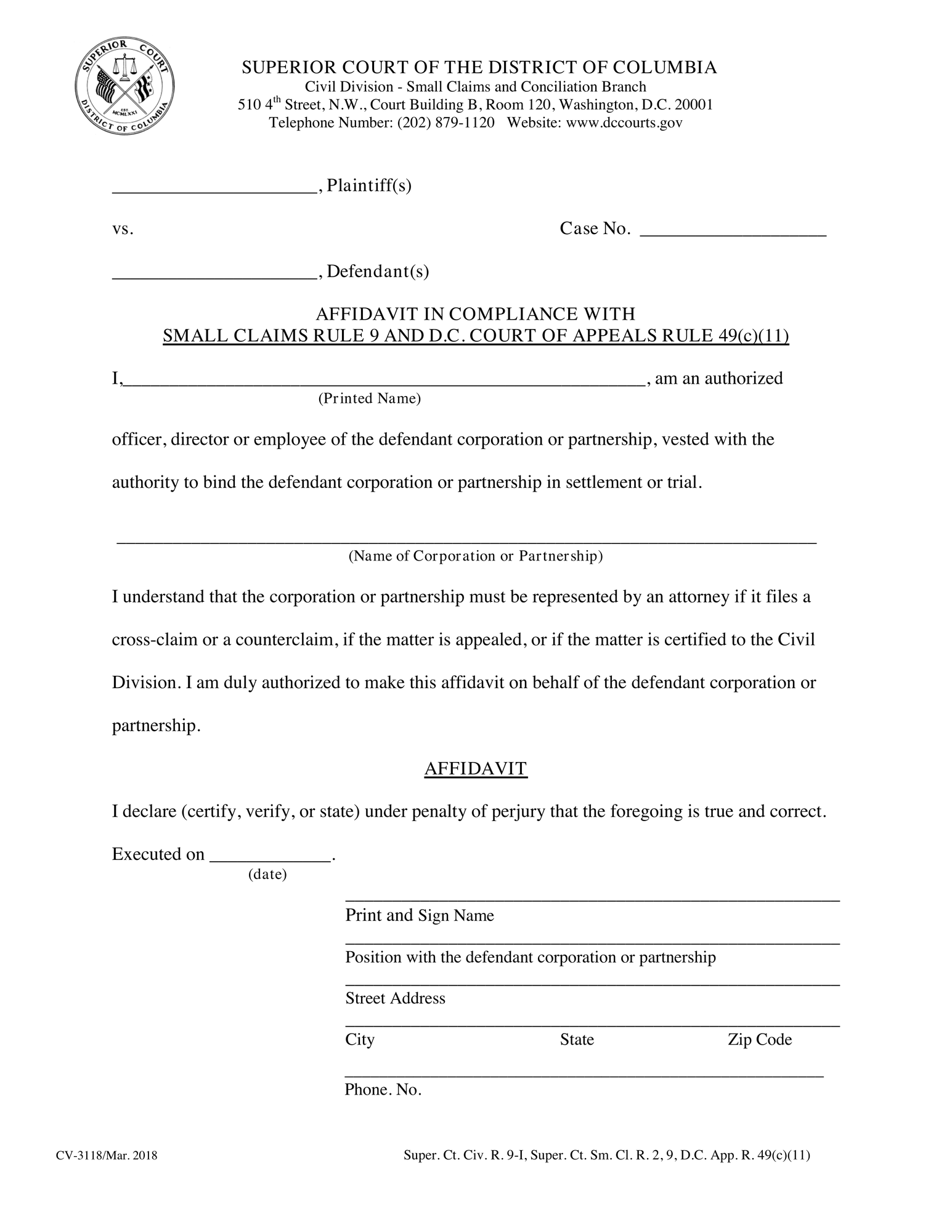 Affidavit in Compliance w/Small Claims Rule 9 and DCCA Rule 49(c)(11) thumbnail