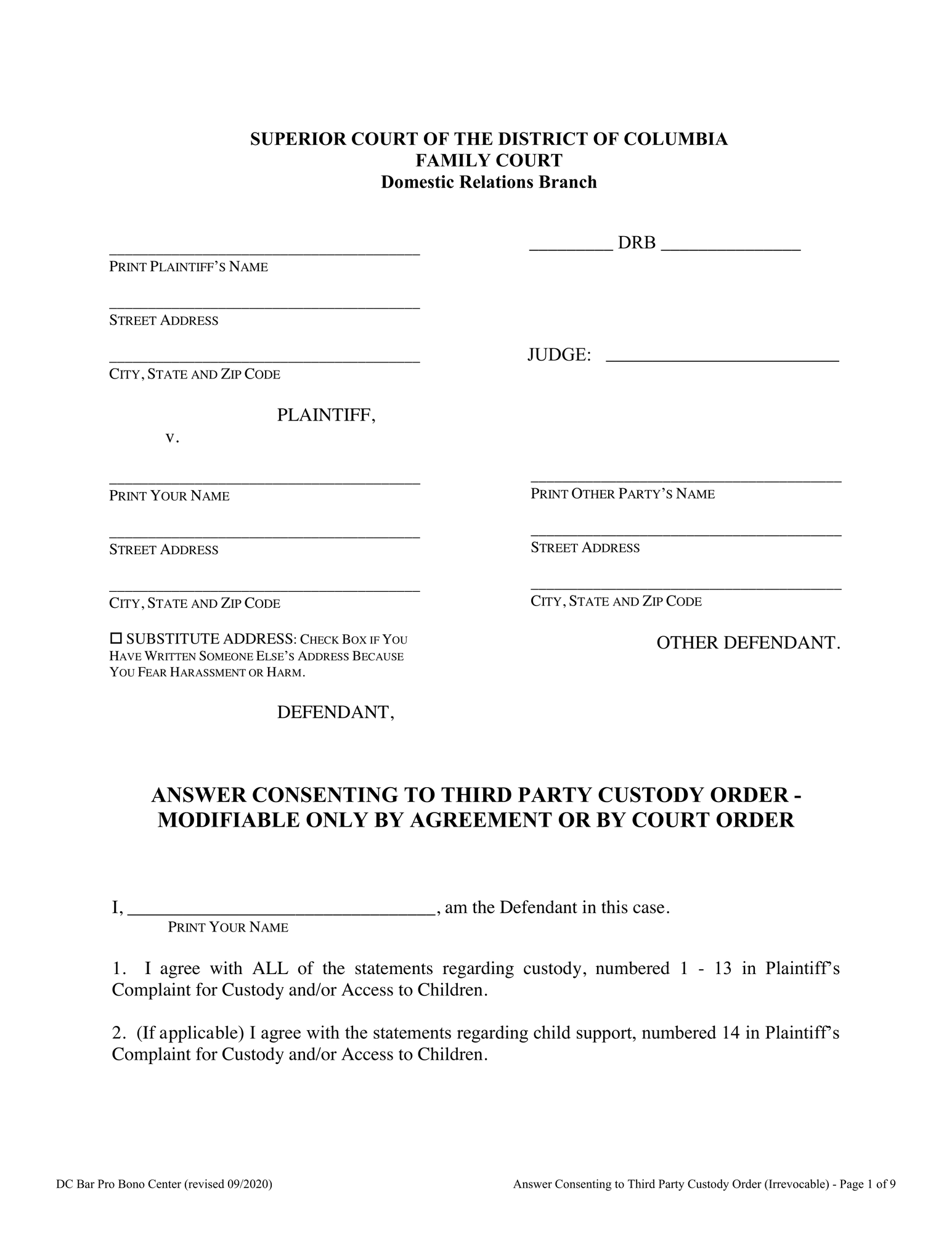 Answer Consenting to Third Party Custody (Modifiable by Agreement or Court Order) thumbnail