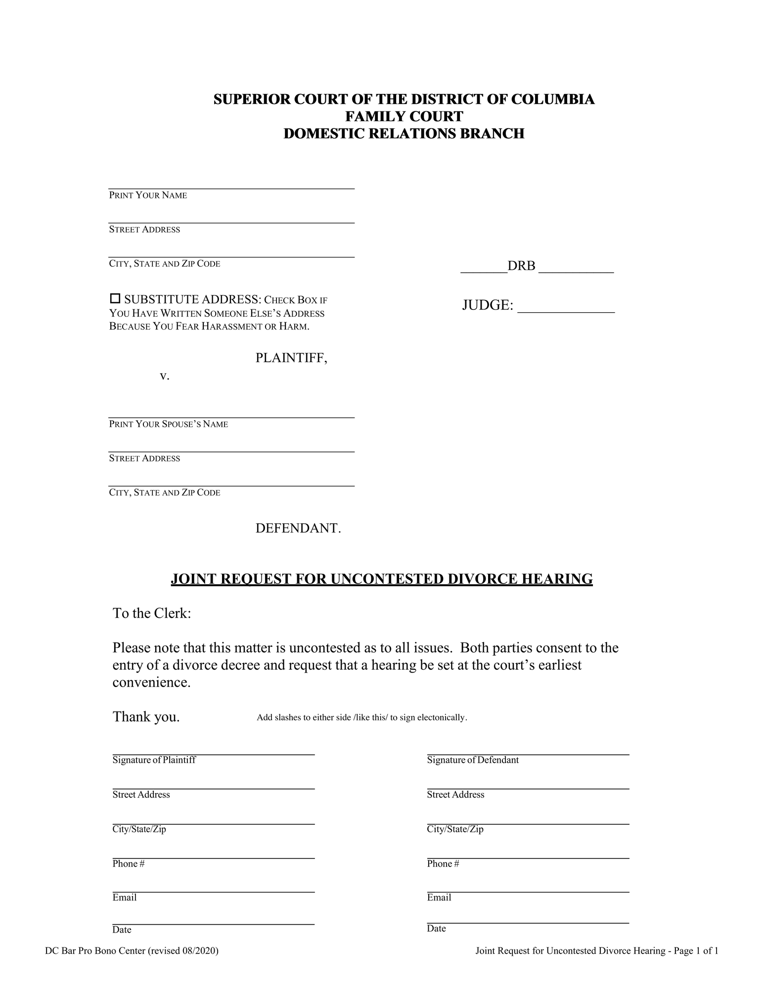 Joint Request for Uncontested Divorce Hearing thumbnail