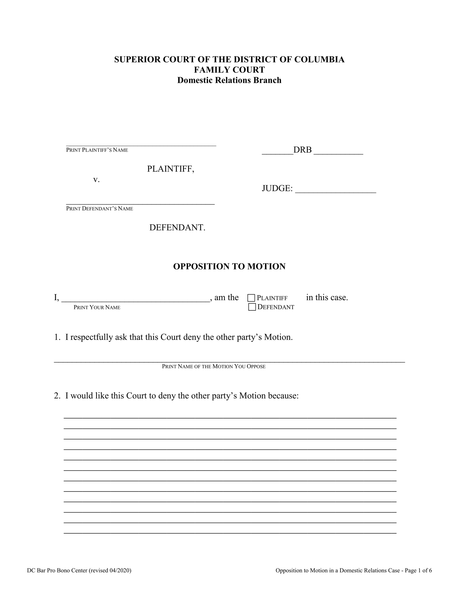 Opposition to Motion (Domestic Relations) thumbnail