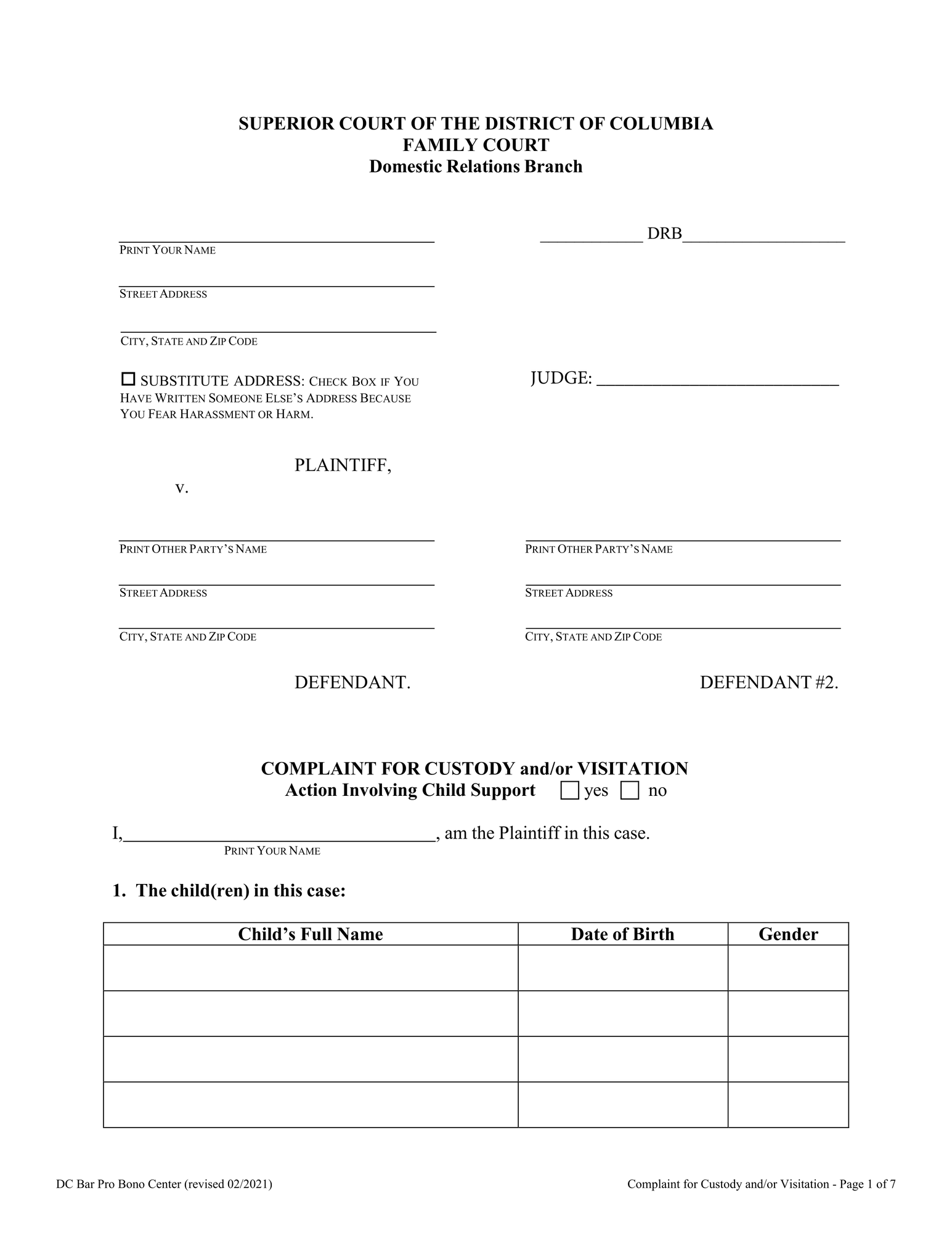 Complaint for Custody and/or Visitation thumbnail