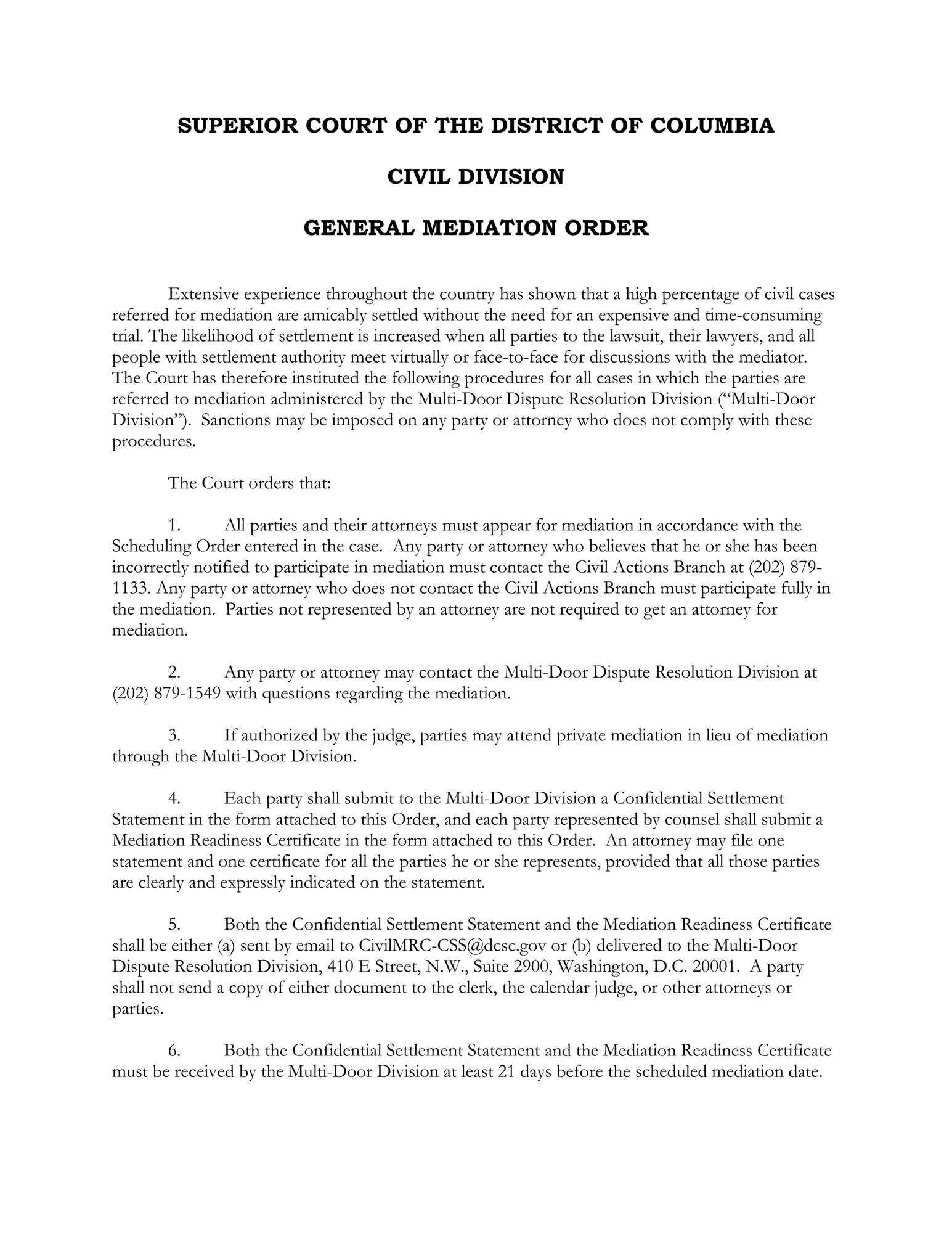 Civil Actions Mediation: General Mediation Order, Mediation Readiness Certificate thumbnail