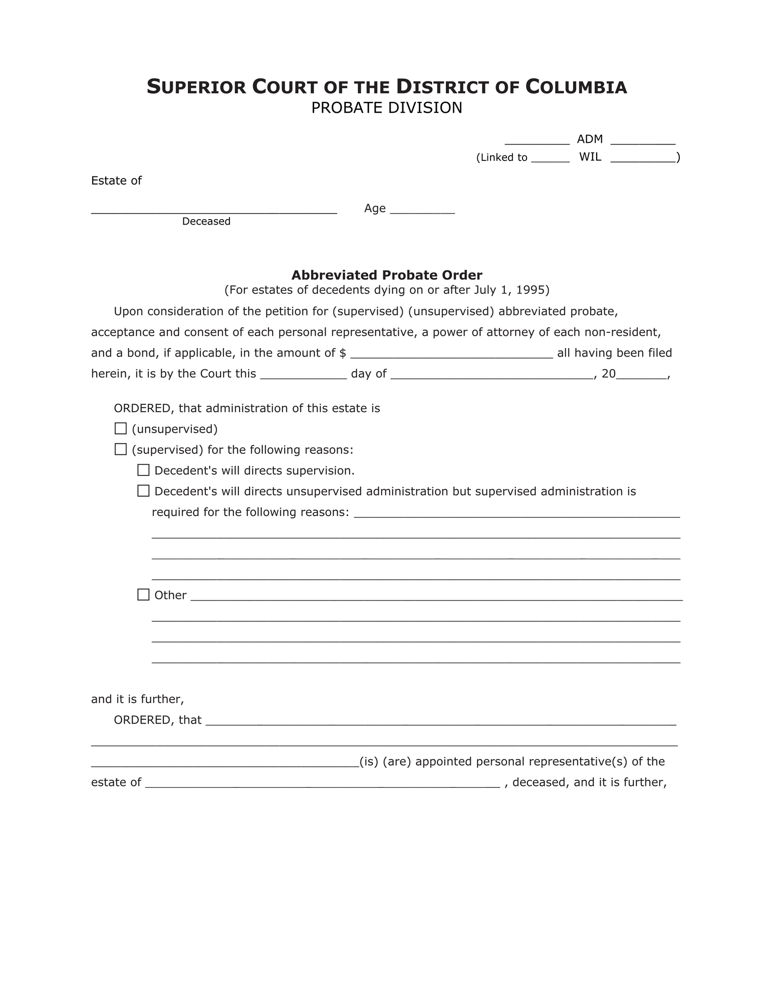 Abbreviated Probate Order – For estates of decedents dying on or after July 1, 1995 thumbnail
