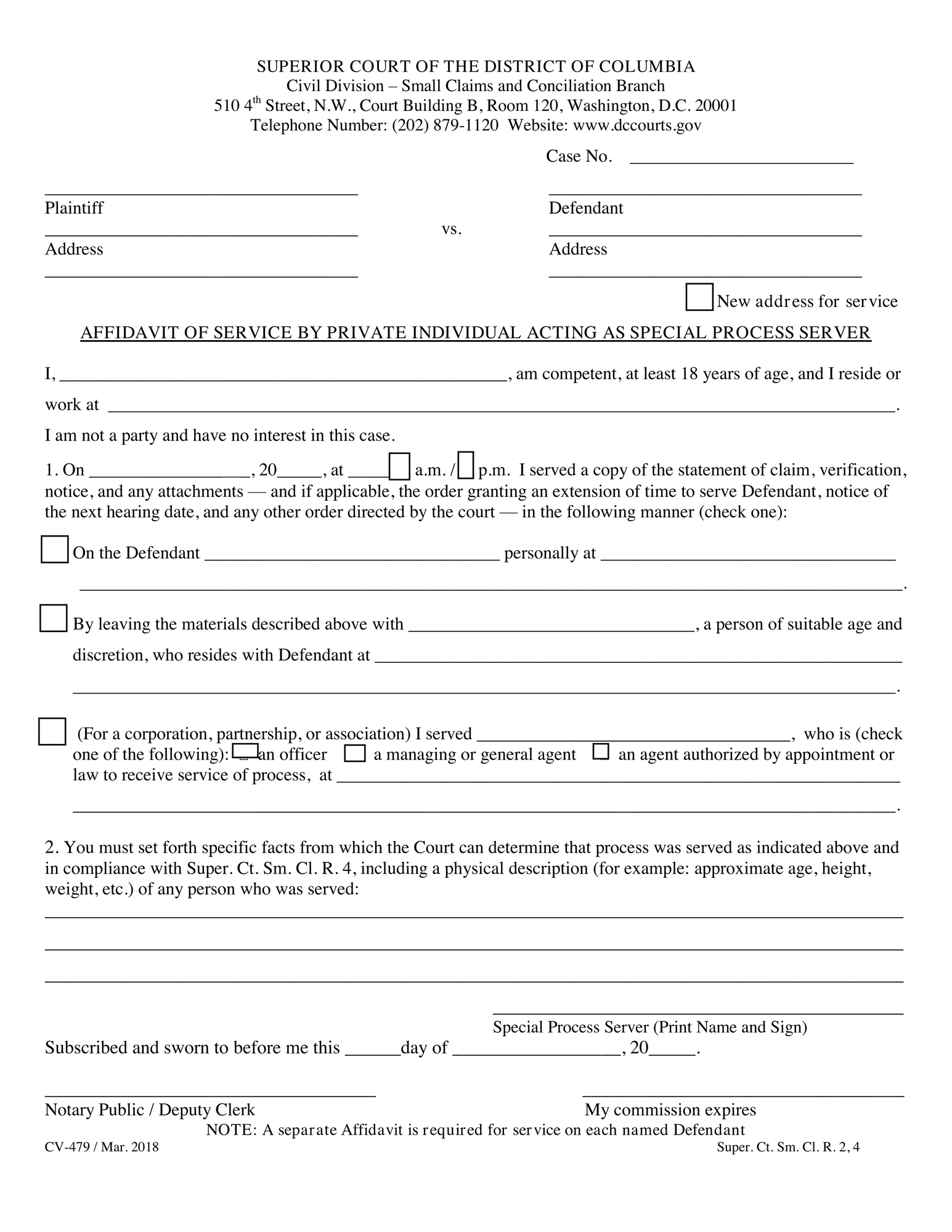 AFFIDAVIT OF SERVICE BY PRIVATE INDIVIDUAL ACTING AS SPECIAL PROCESS SERVER (Small Claims) thumbnail