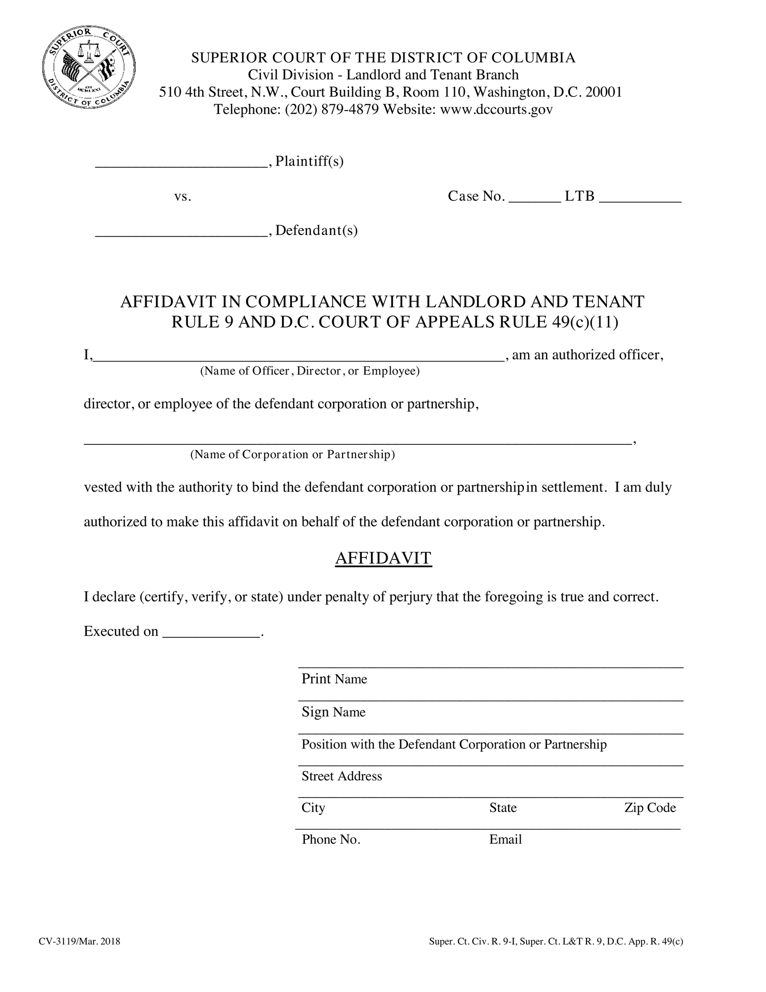 Affidavit in Compliance w/L&T Rule 9 and DCCA Rule 49 (c)(11) thumbnail