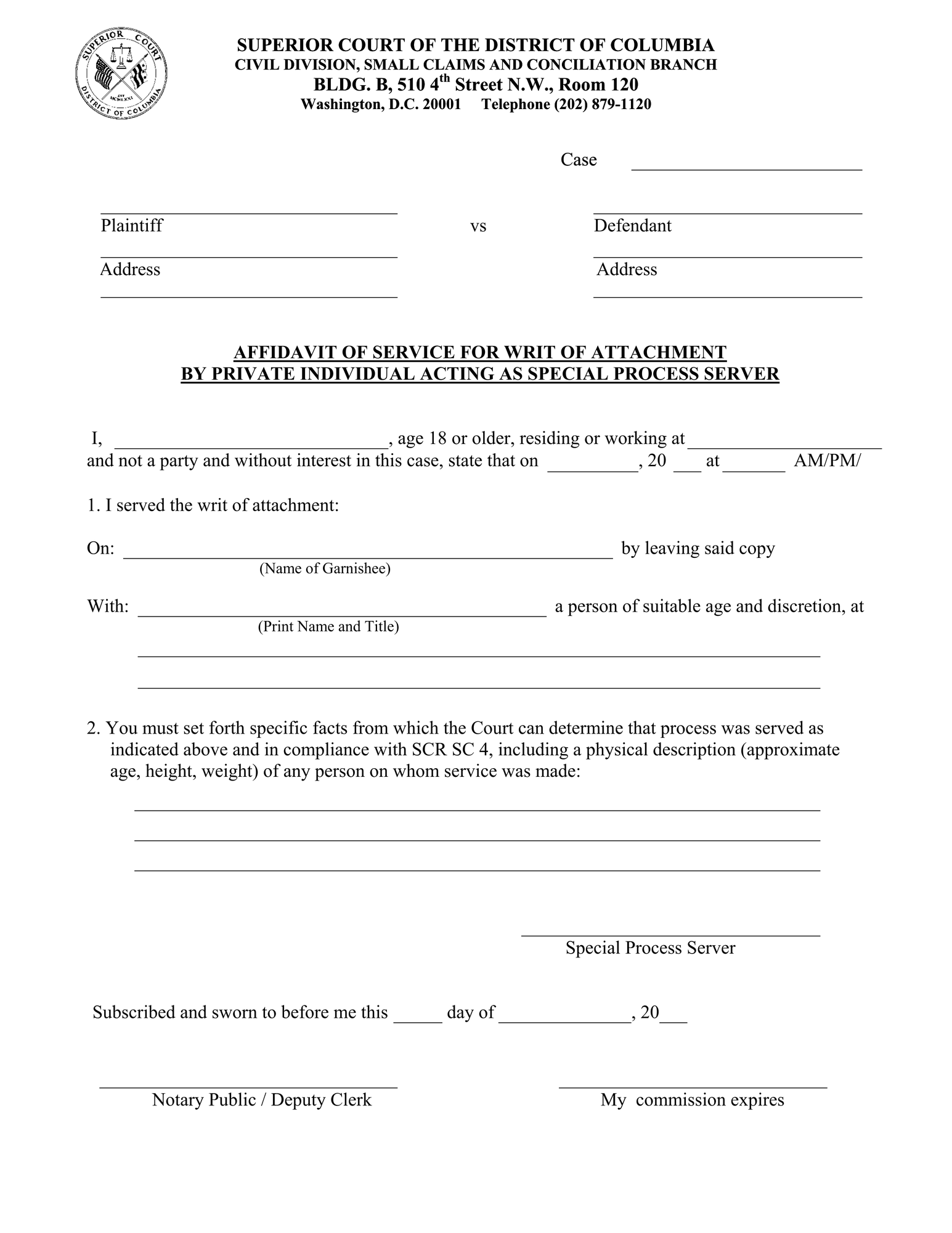 Affidavit of Service for Writ of Attachment by Special Process Server thumbnail