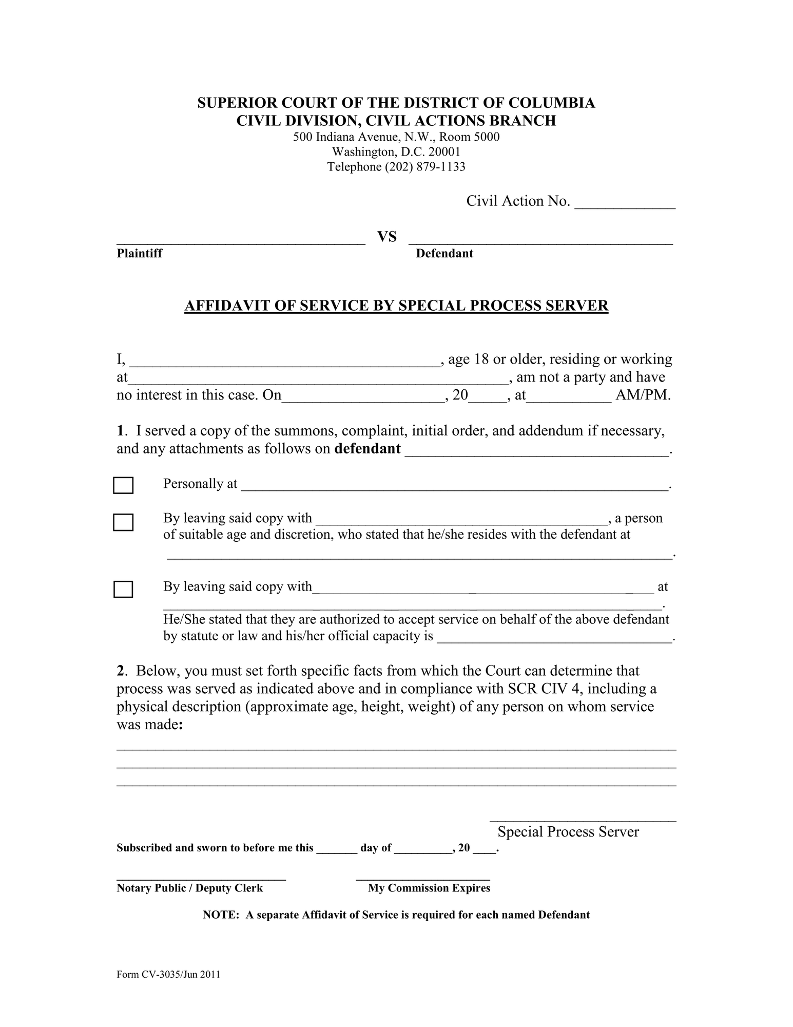AFFIDAVIT OF SERVICE BY PRIVATE INDIVIDUAL ACTING AS SPECIAL PROCESS SERVER (Civil Actions) thumbnail
