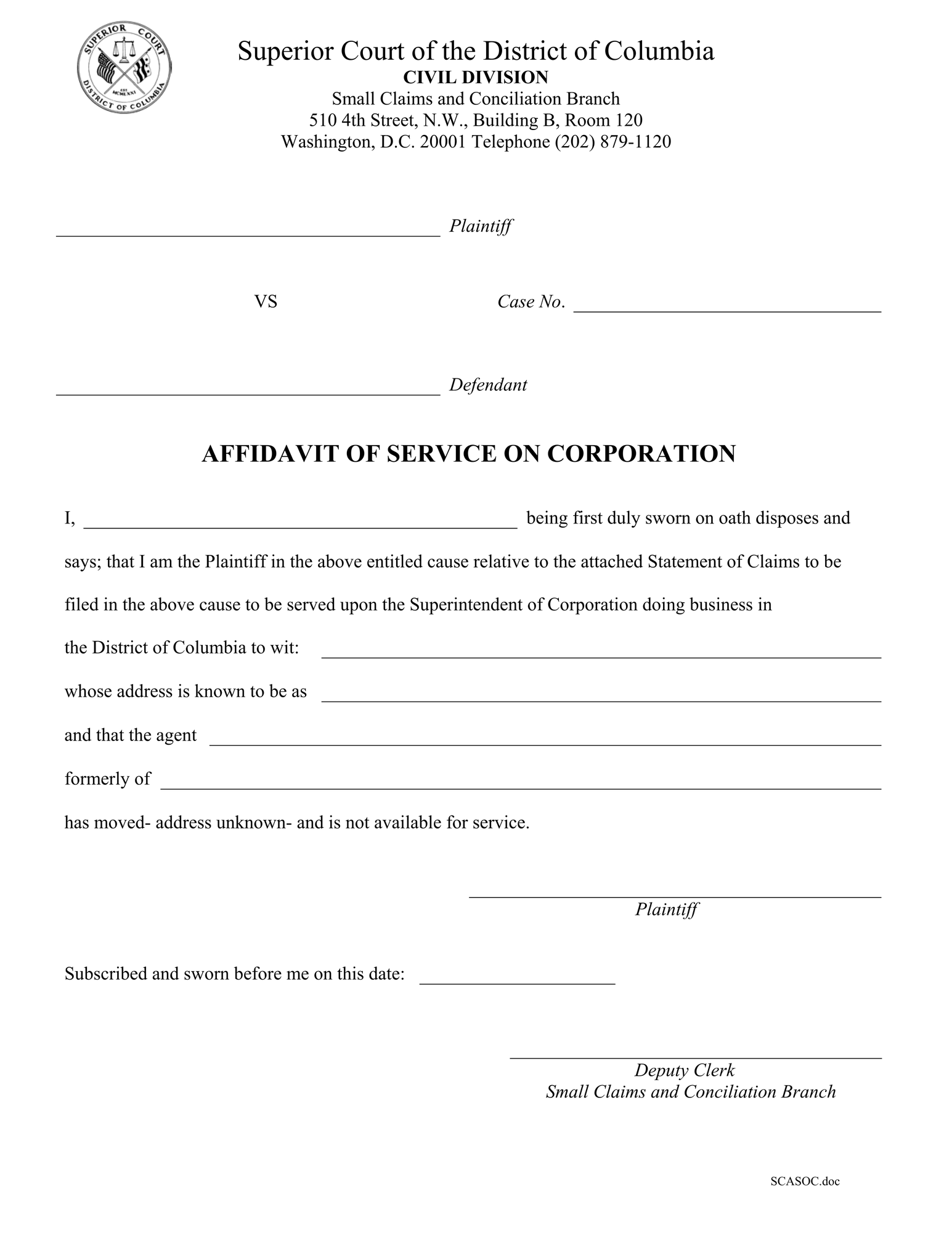 Affidavit of Service on a Corporation thumbnail