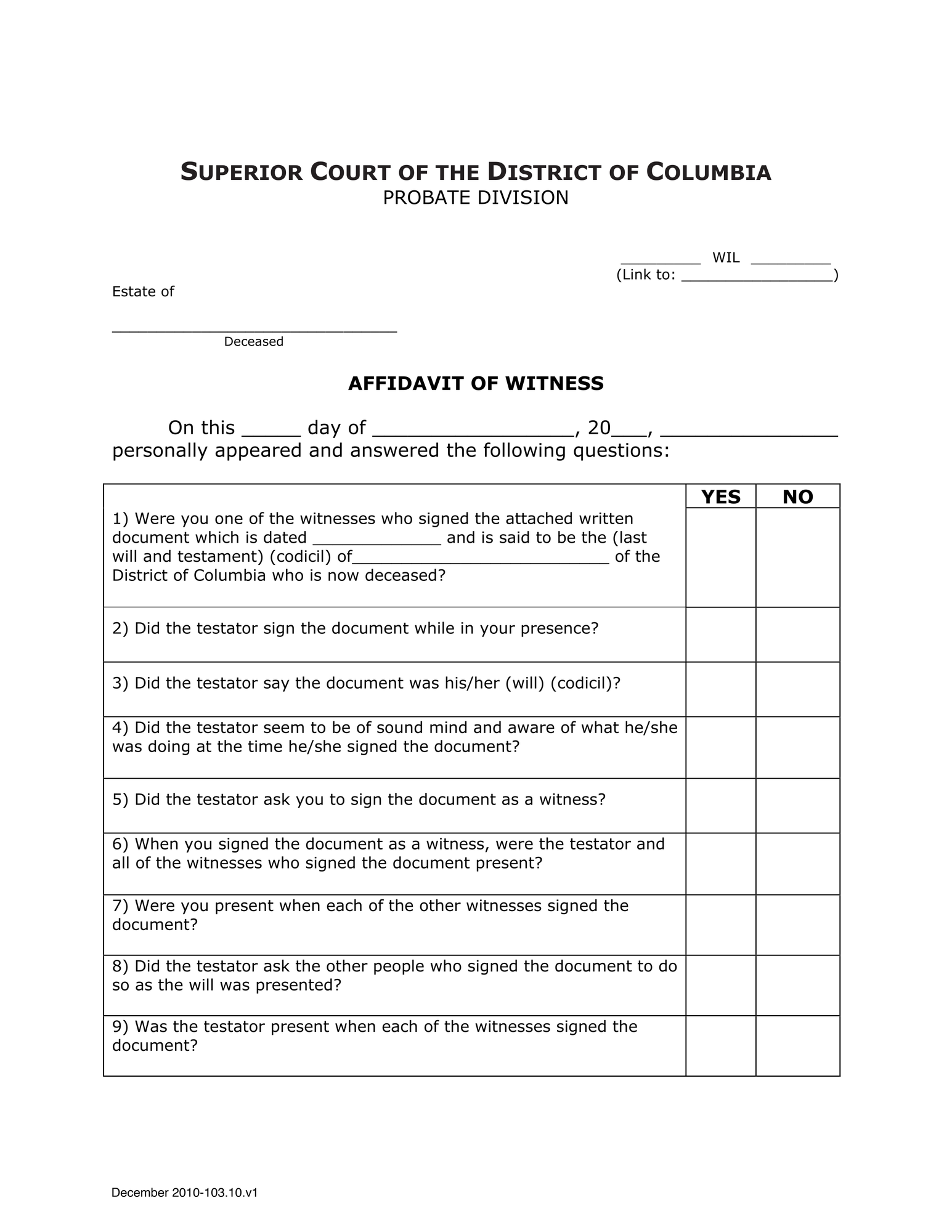 Case Initiation (SEB) - Affidavit of Witness to Will thumbnail