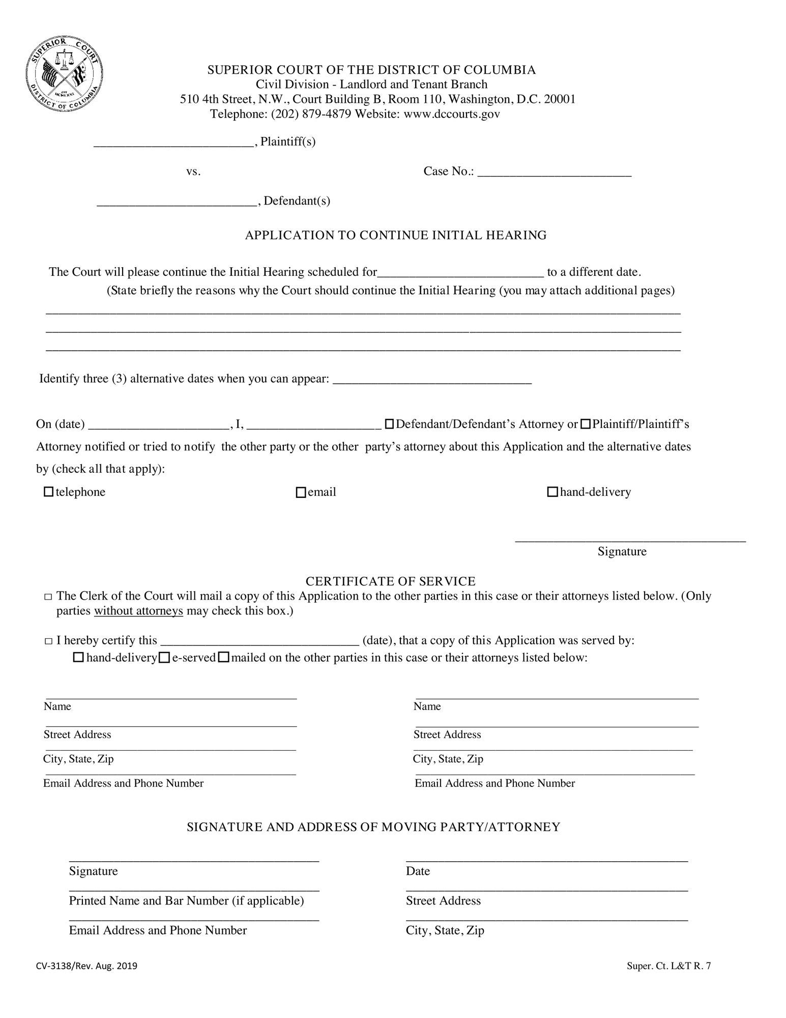 Application to Continue Initial Hearing – Landlord and Tenant thumbnail