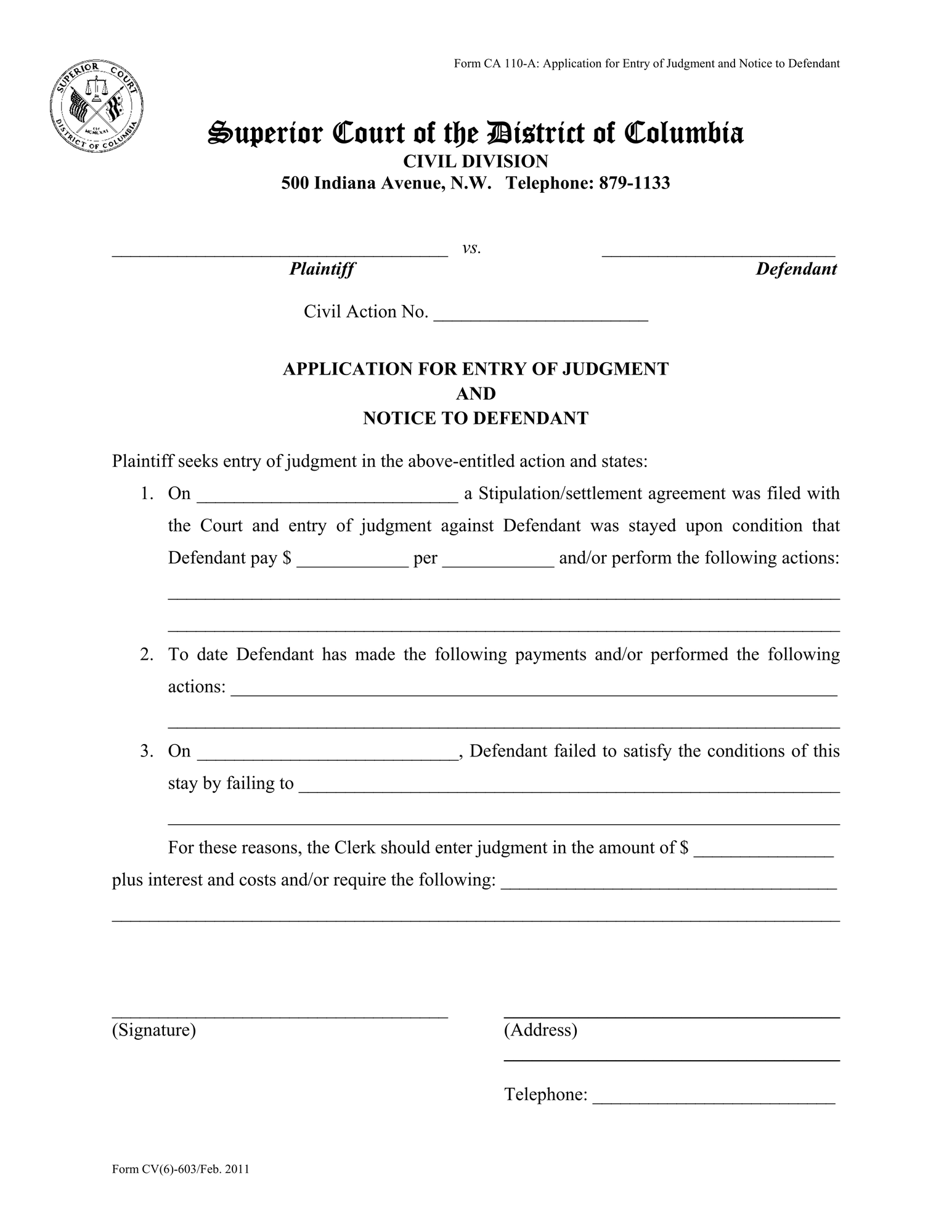 Application for Entry of Judgment and Notice to Defendant thumbnail
