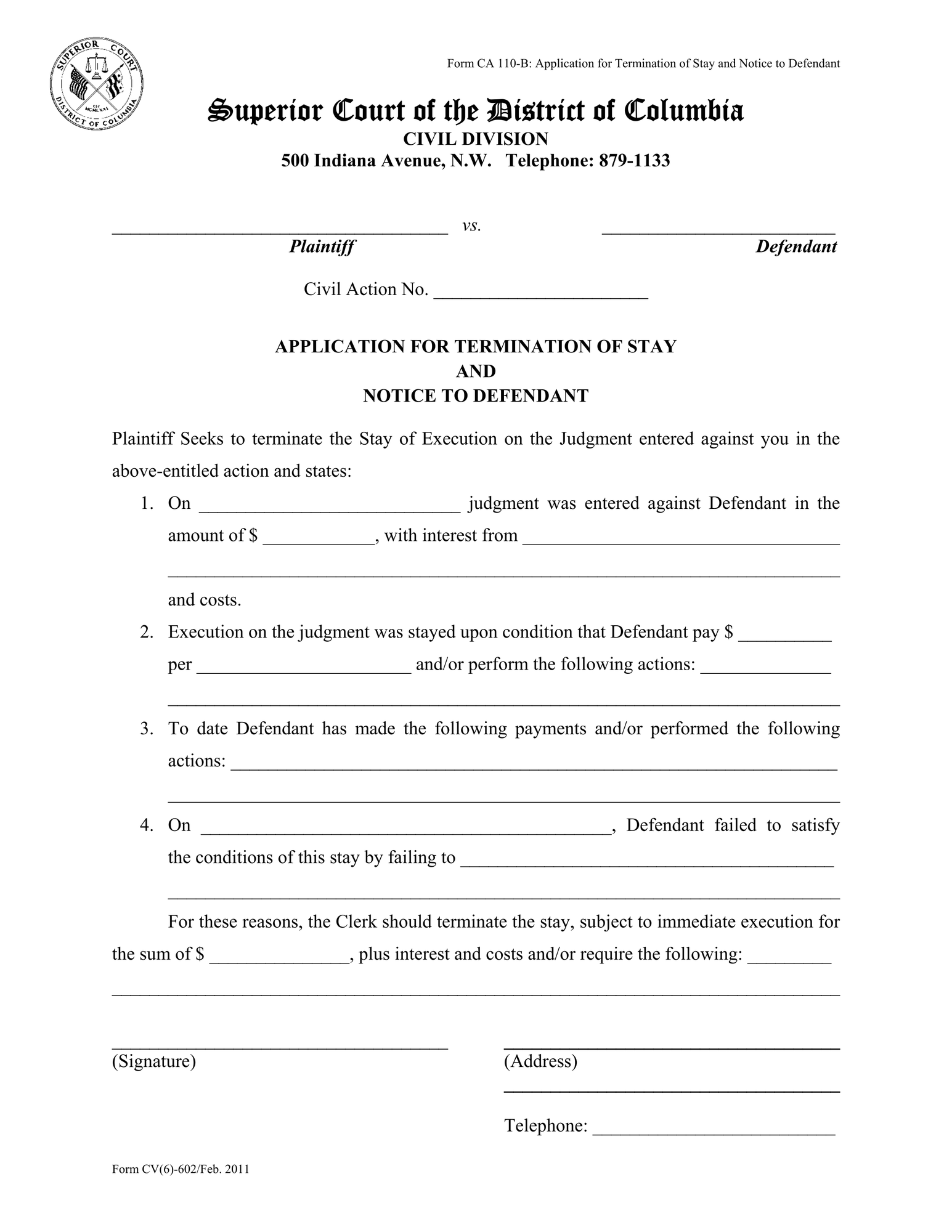 Application for Termination of Stay and Notice to Defendant thumbnail