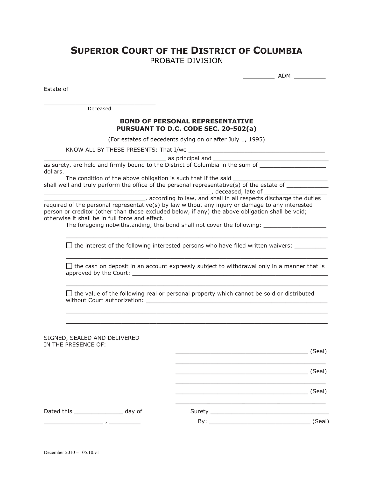 General Forms (ADM) - Bond of Personal Representative Pursuant to D.C. Code, sec. 20-502(a) thumbnail
