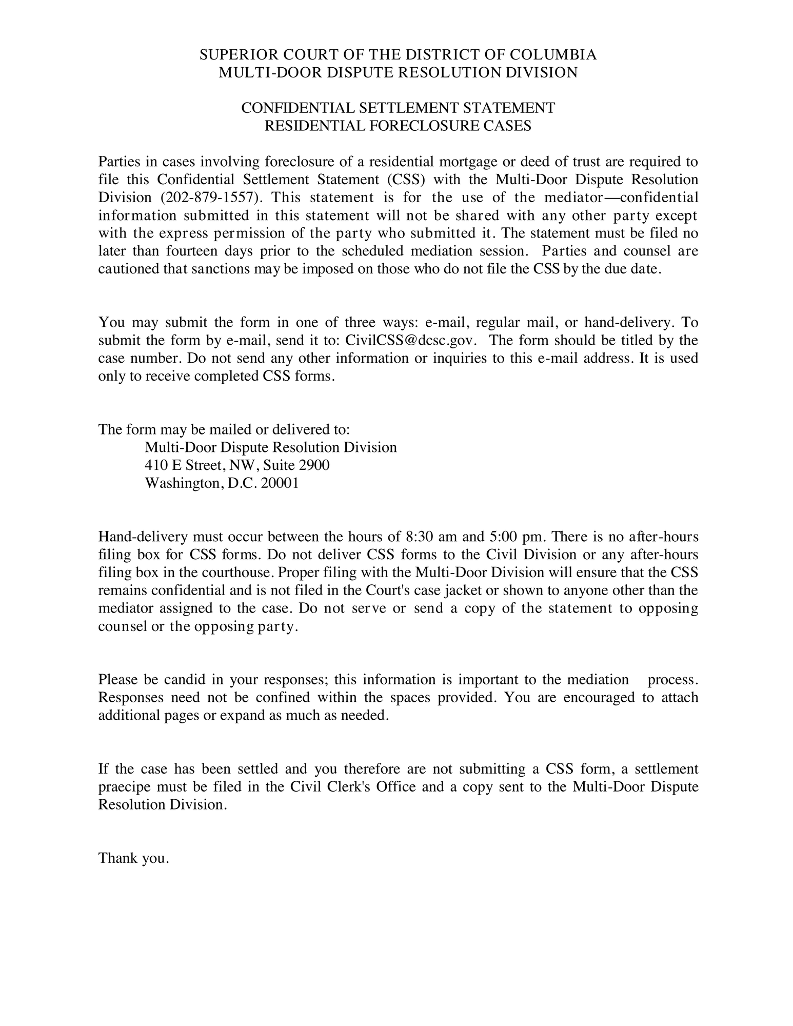 Residential Foreclosure: Confidential Mediation Statement thumbnail