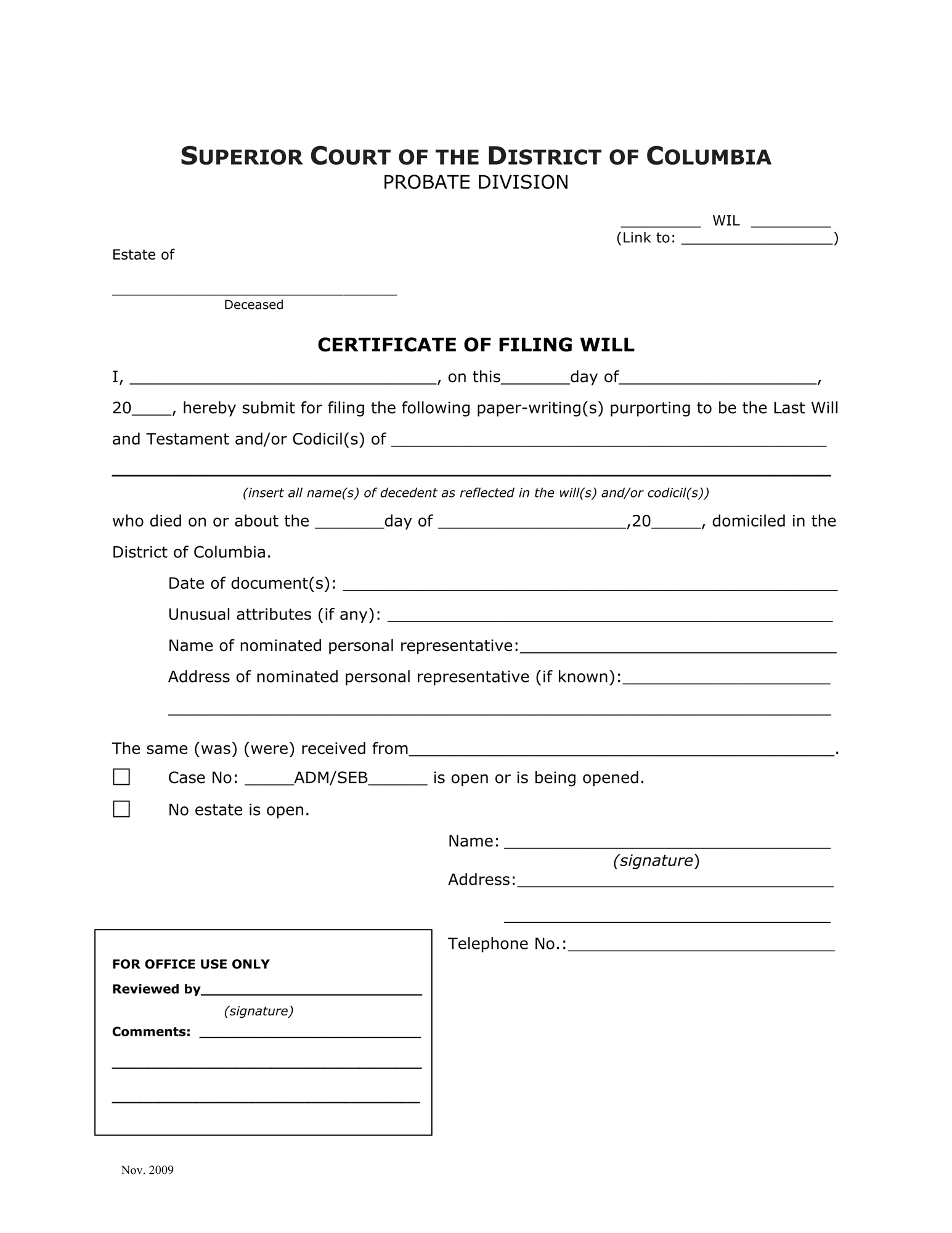 Will, If Any, and Certificate of Filing Will thumbnail