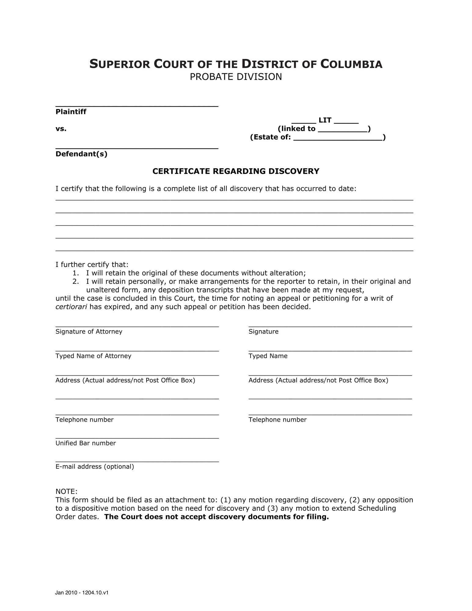 General Forms (LIT) - Certificate Regarding Discovery thumbnail