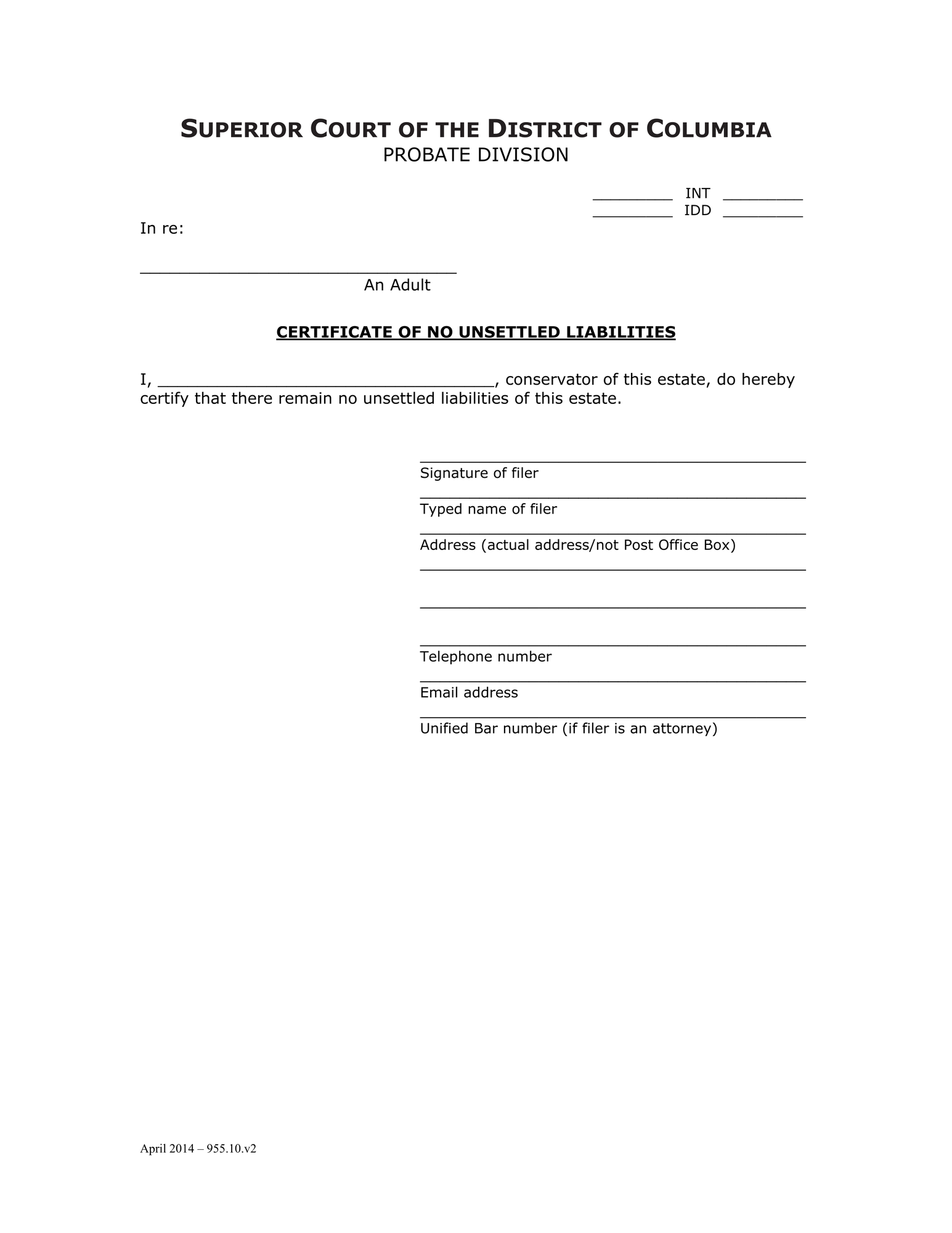 Inventory and Accounting Form (INT) - Certificate of No Unsettled Liabilities thumbnail