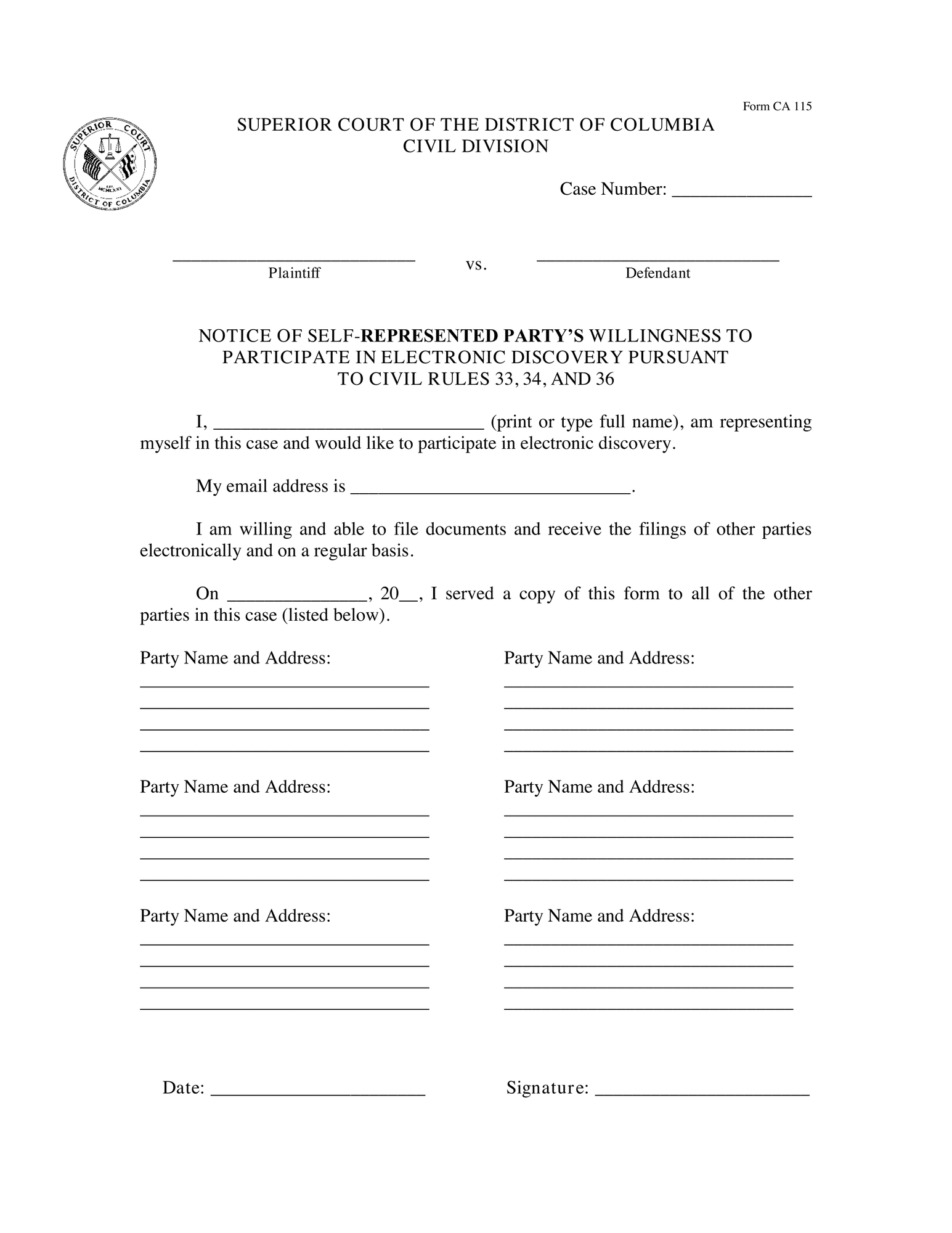 Notice of Willingness to Participate in Electronic Discovery – Form CA 115 thumbnail