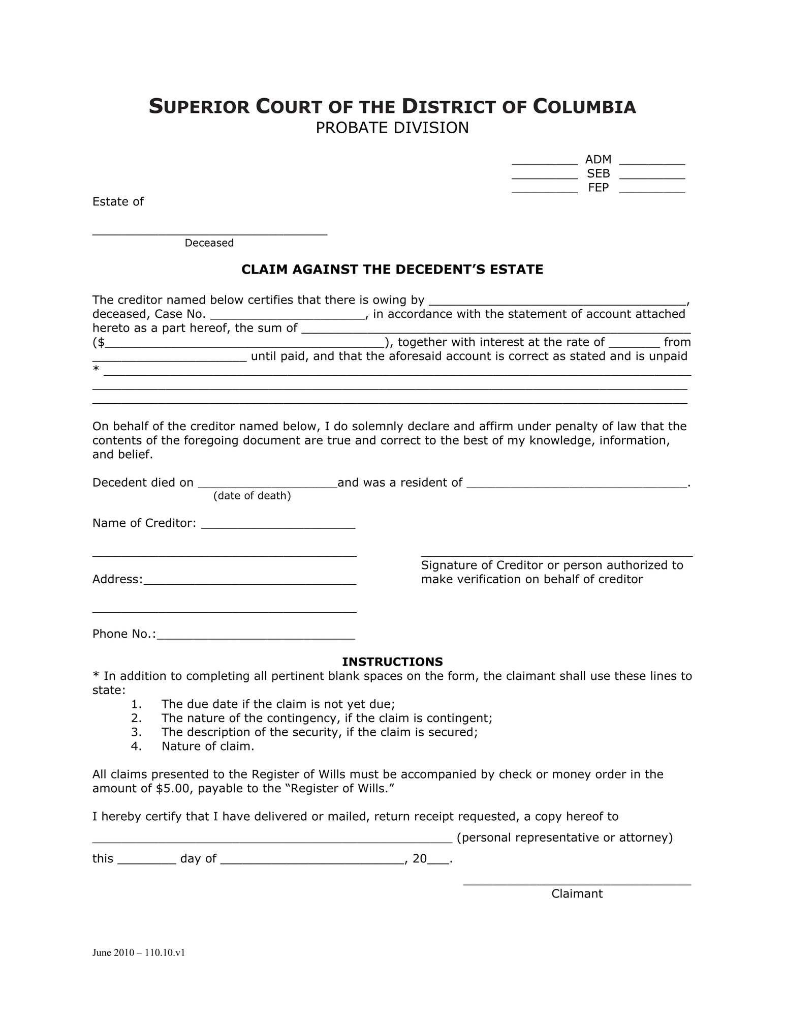 General Forms (SEB) - Claim Against Decedent’s Estate thumbnail