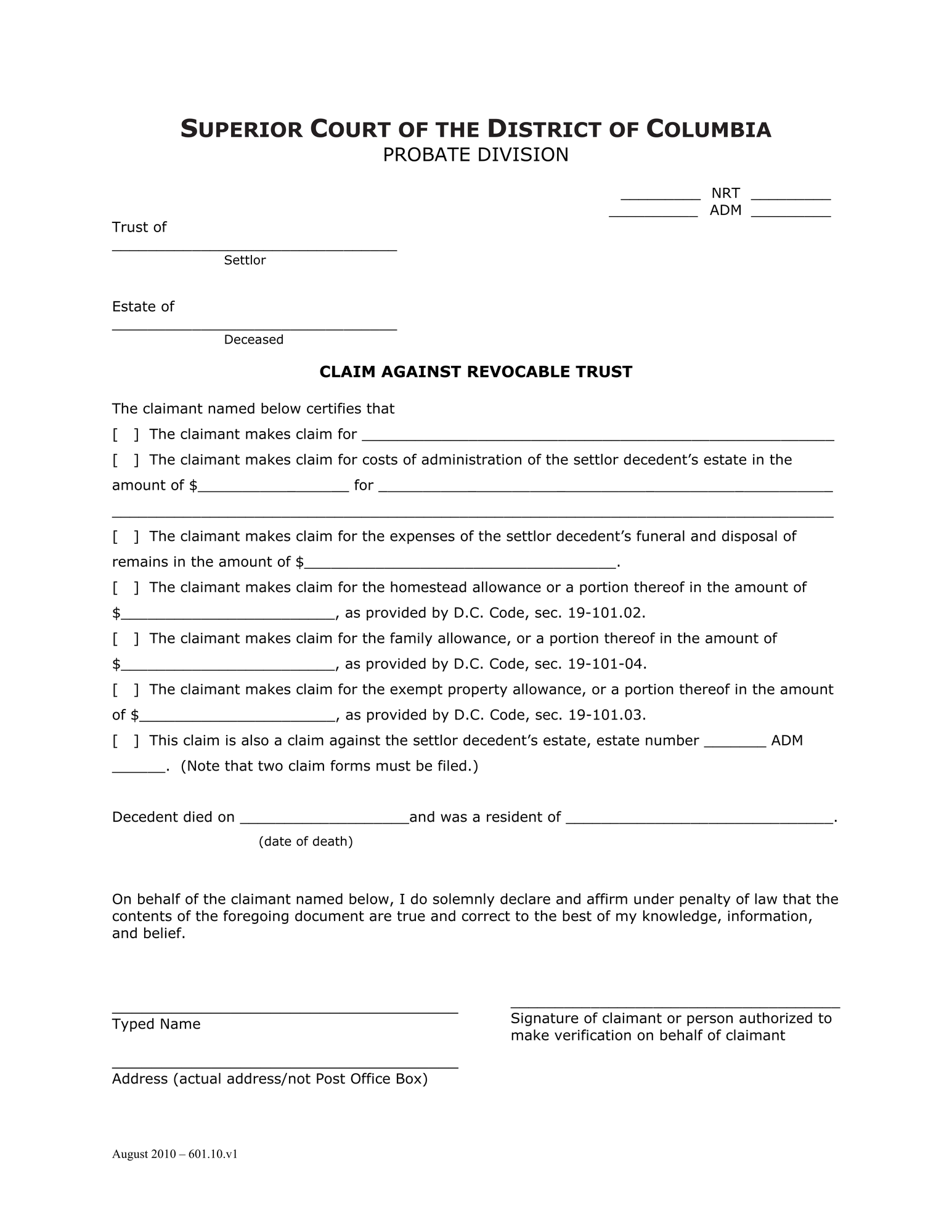 General Forms (NRT) - Claim Against Revocable Trust thumbnail