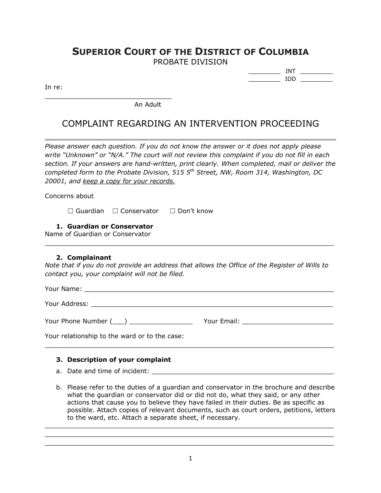 General Forms (INT) - Complaint Regarding an Intervention Proceeding thumbnail