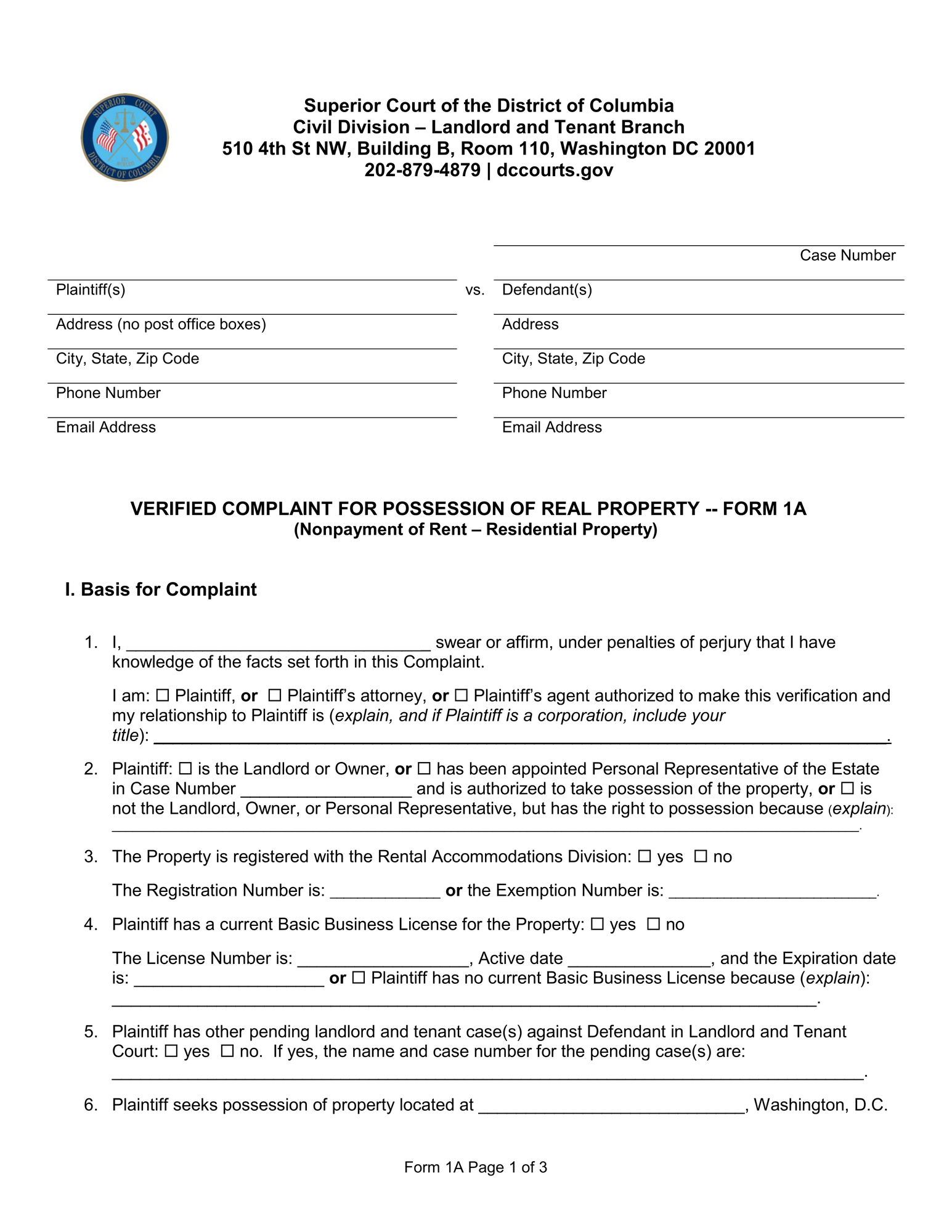 Form 1A - Complaint For Nonpayment Of Rent thumbnail