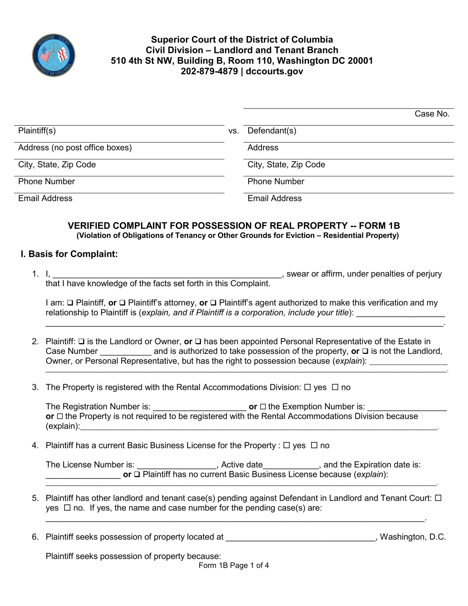 Form 1B - Violation of Obligations of Tenancy or Other Grounds for Eviction - Residential Property thumbnail