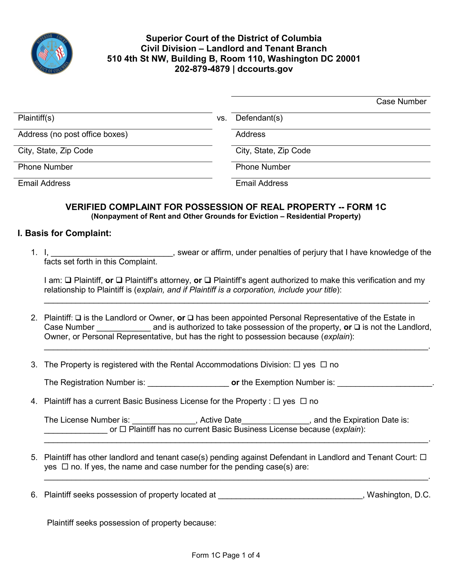 Form 1C - Complaint For Nonpayment Of Rent And Notice To Quit thumbnail