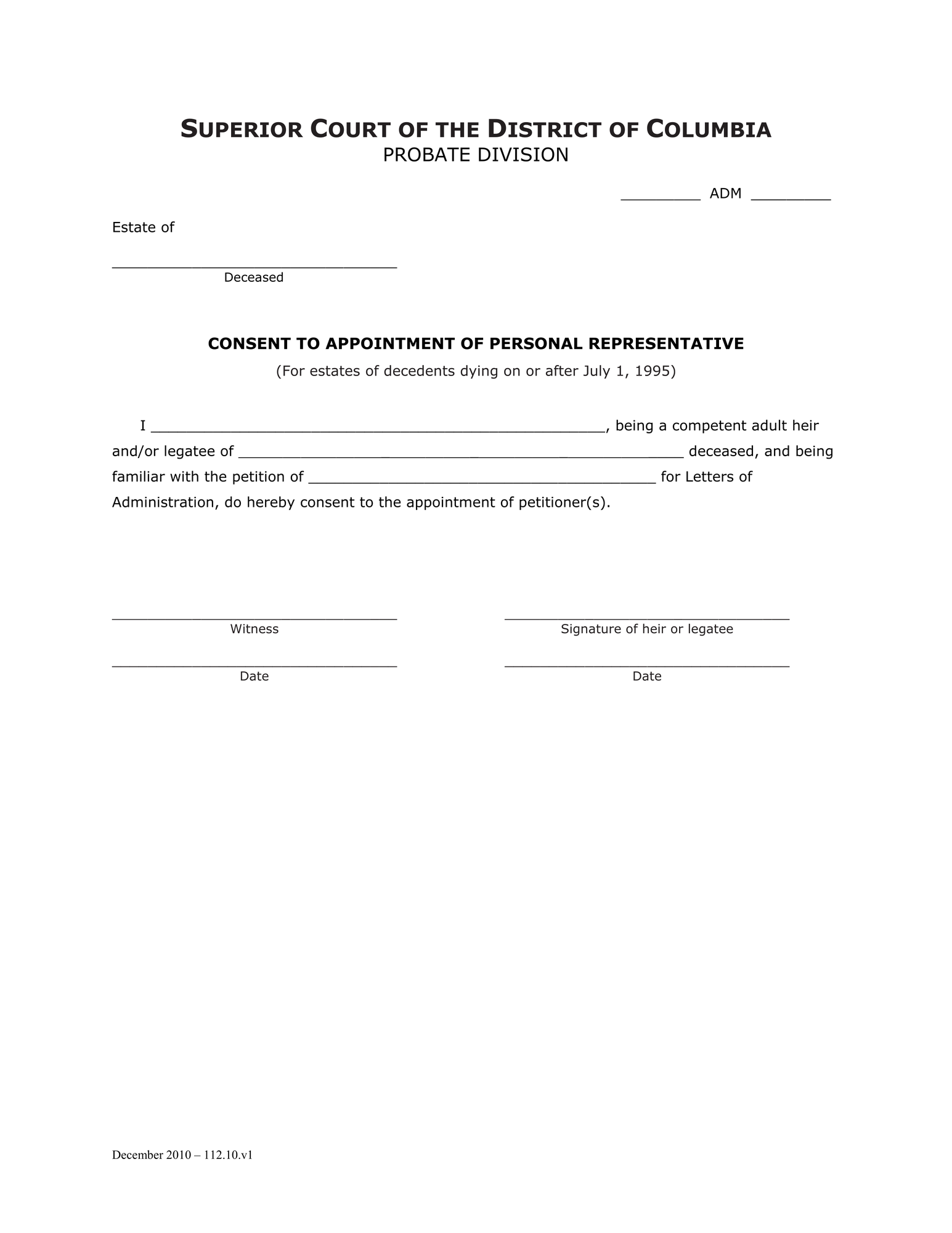 General Forms (ADM) - Consent to Appointment of Personal Representative thumbnail