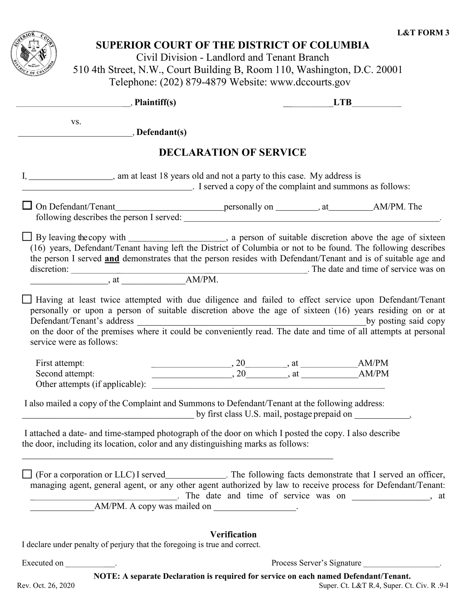 Declaration of Service – Landlord and Tenant thumbnail