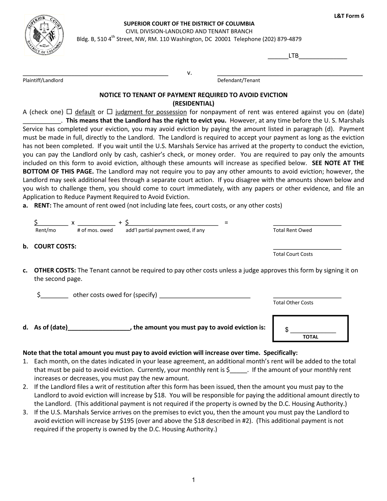Notice to Tenant of Payment Required to Avoid Eviction - Residential thumbnail