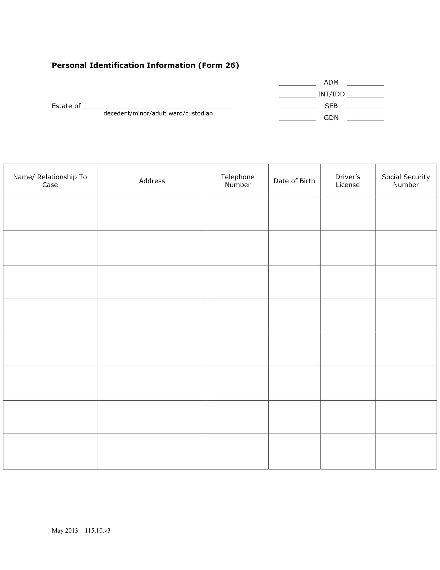 General Forms (GDN) - Personal Identification Information (Form 26) thumbnail