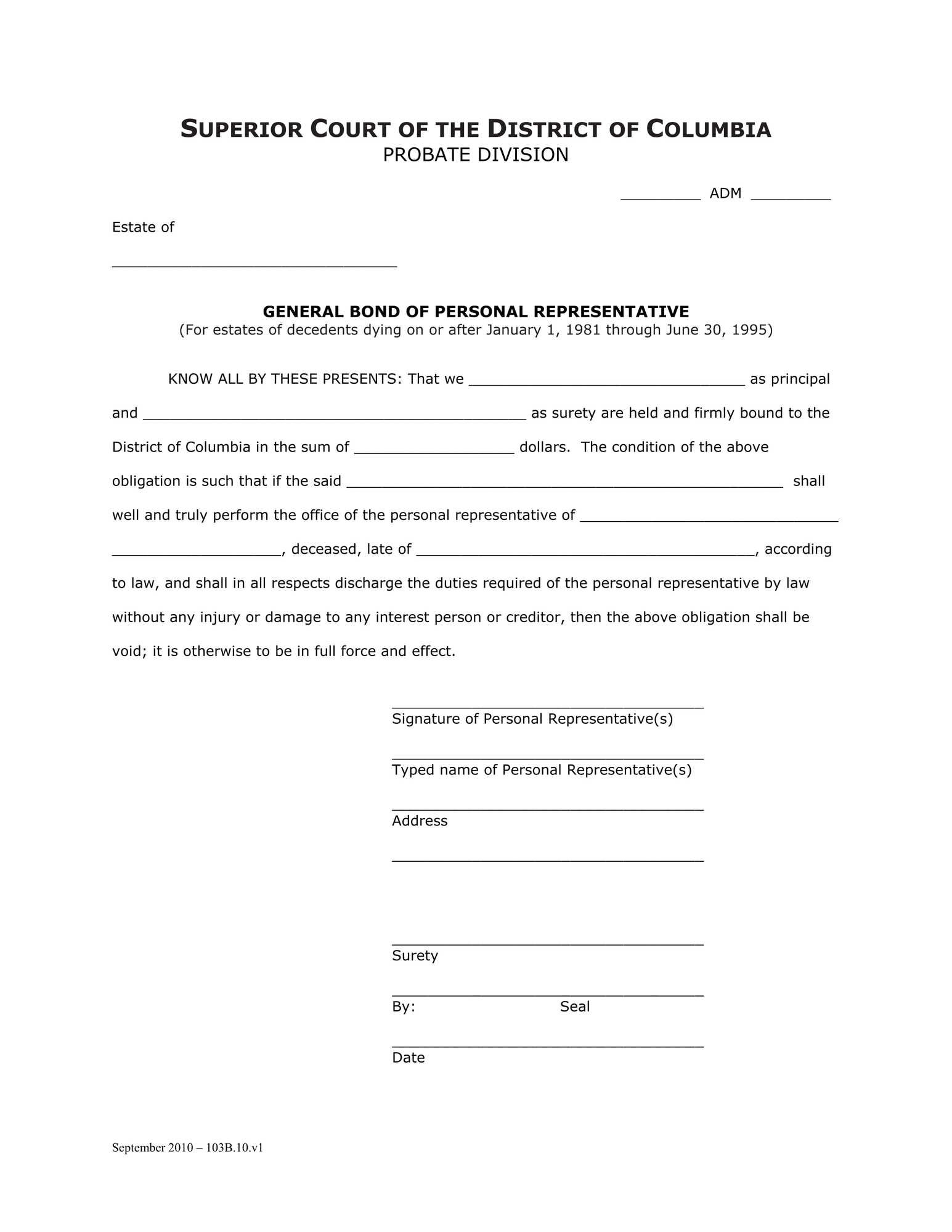 General Forms (ADM) - General Bond of Personal Representative thumbnail