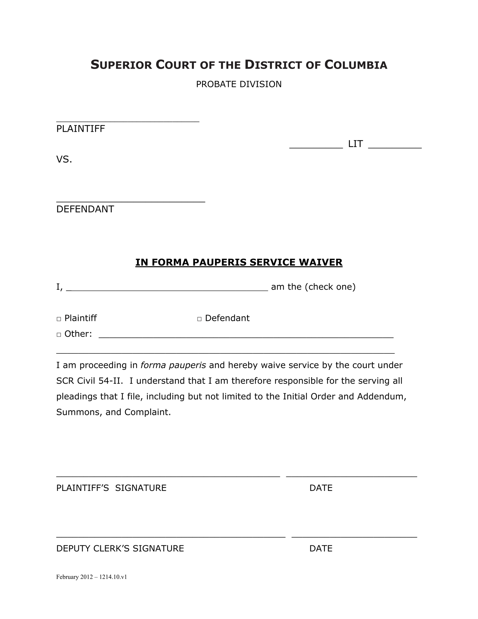 Case Initiation (LIT) - In Forma Pauperis Service Waiver Form thumbnail