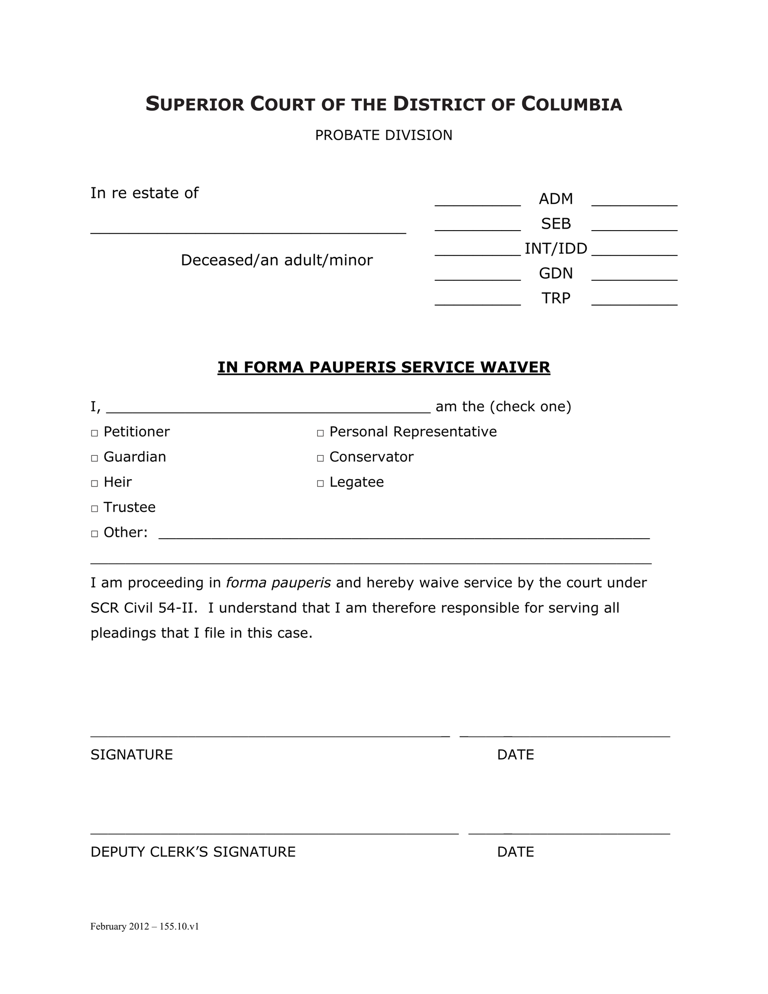 General Forms (TRP) - In Forma Pauperis Service Waiver thumbnail