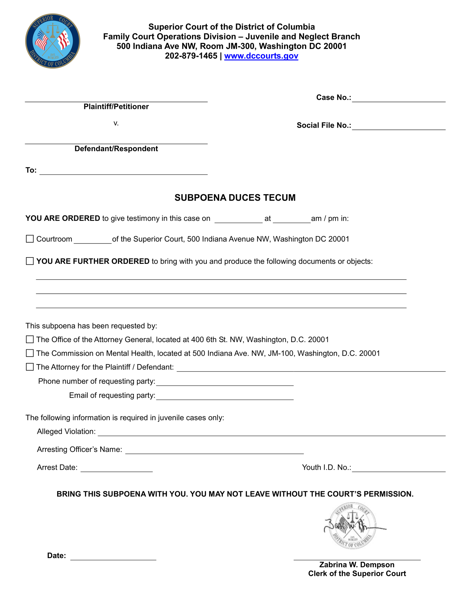 Juvenile and Neglect Subpoena Duces Tecum thumbnail