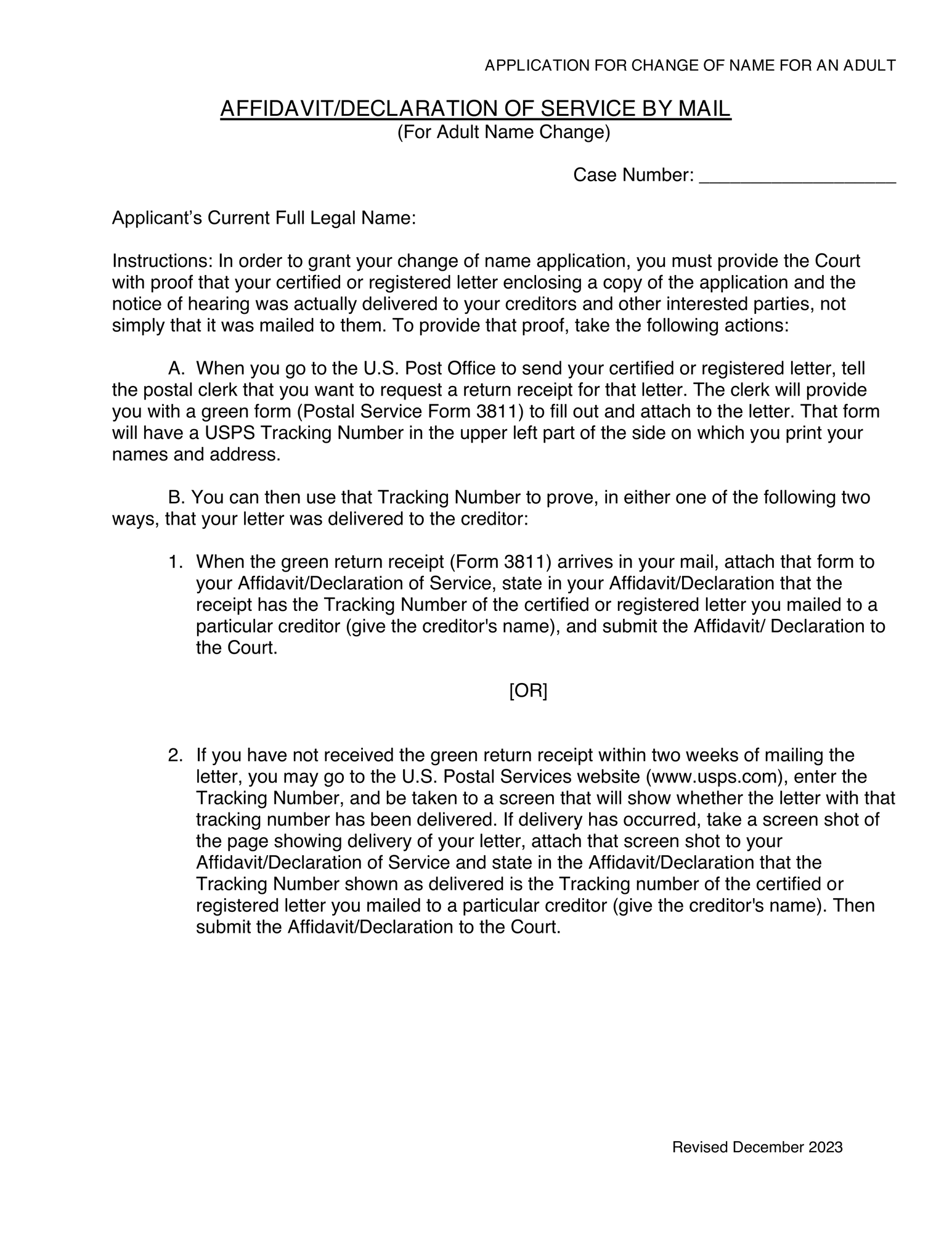 Application for Change of Name (Adult) - Affidavit/Declaration of Service by Mail thumbnail