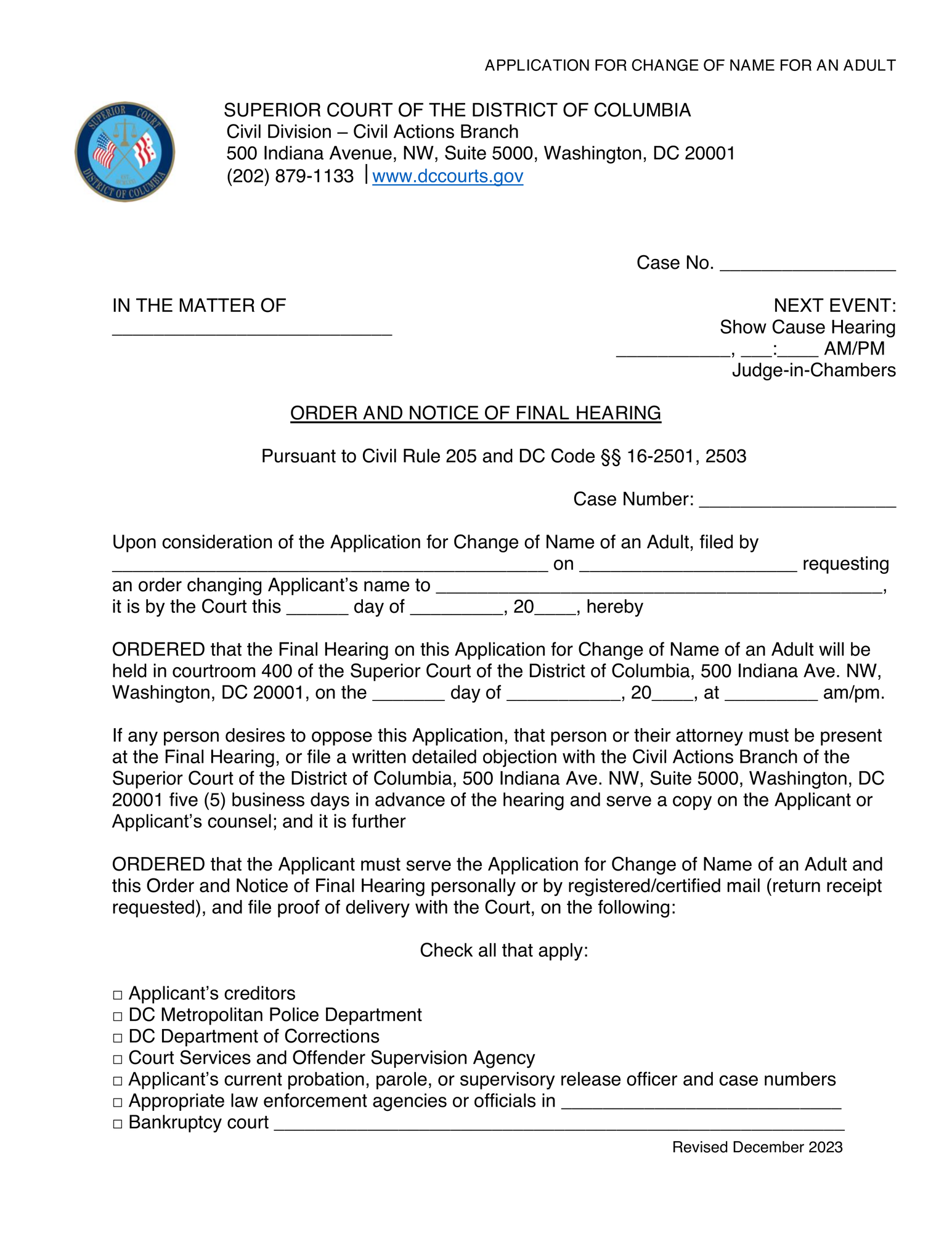 Application for Change of Name (Adult) - Order and Notice of Final Hearing thumbnail