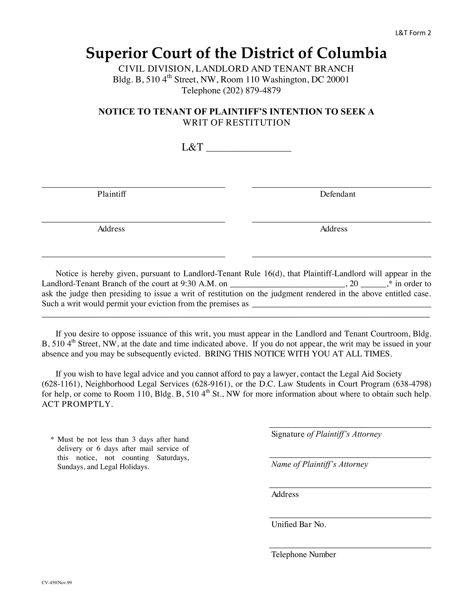 Notice to Tenant of Plaintiff's Intention to Seek a Writ of Restitution thumbnail