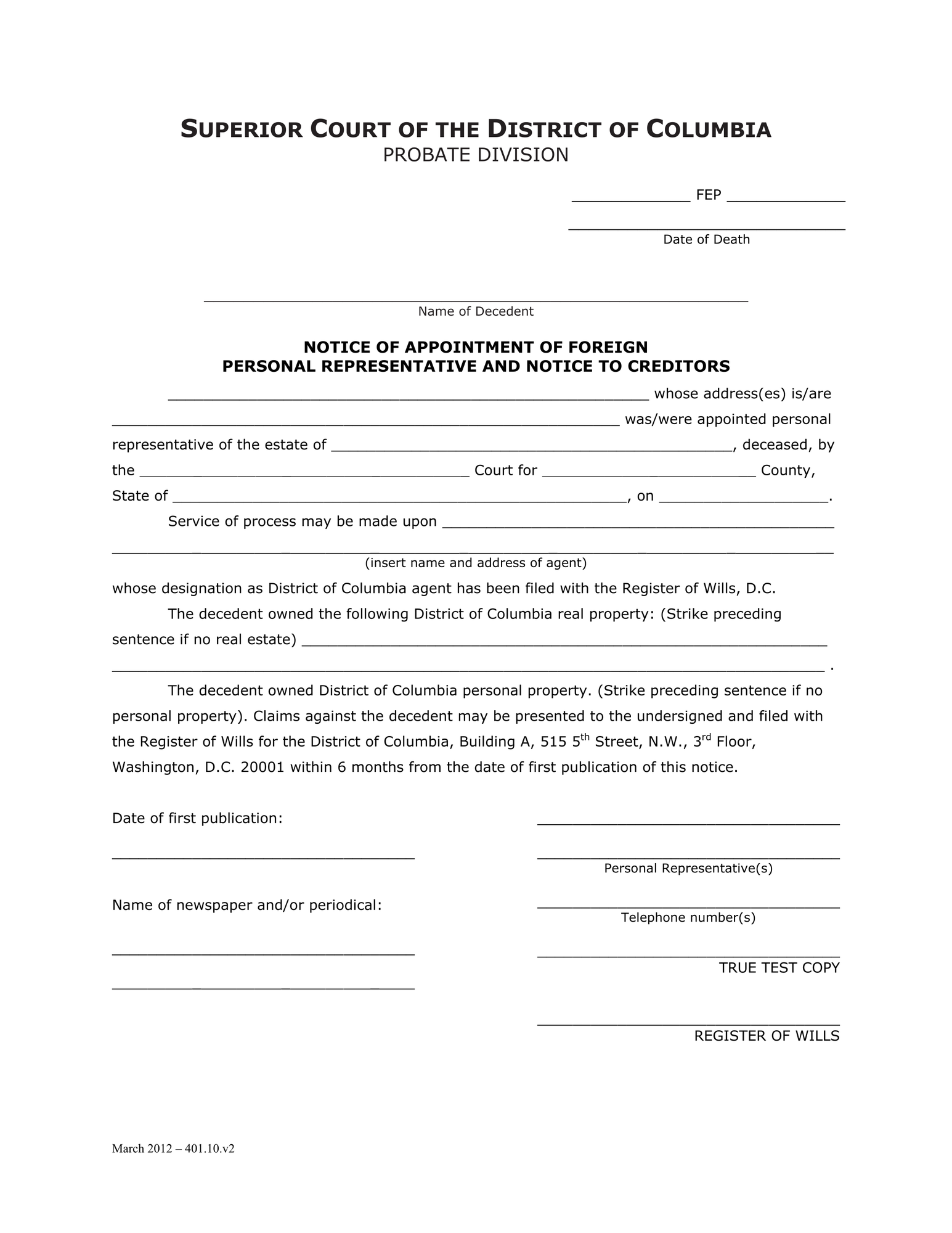 Case Initiation (FEP) - Notice of Appointment of Foreign Personal Representative thumbnail