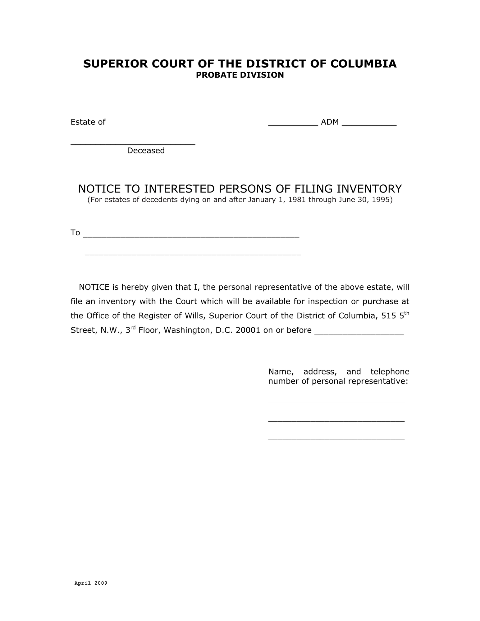 Notice to Interested Persons of Filing Inventory thumbnail