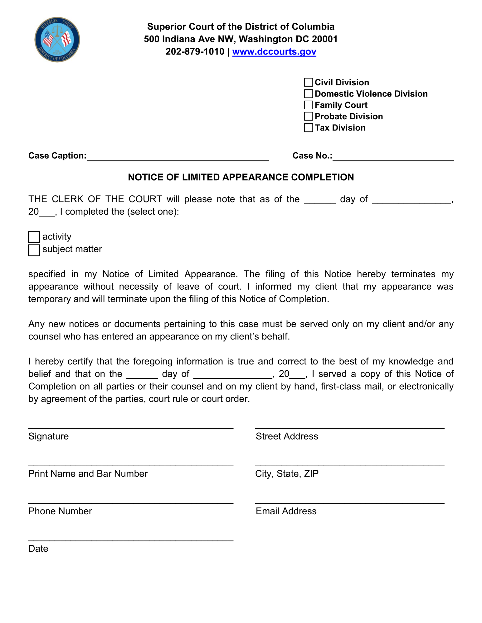 Notice of Limited Appearance Completion Form thumbnail