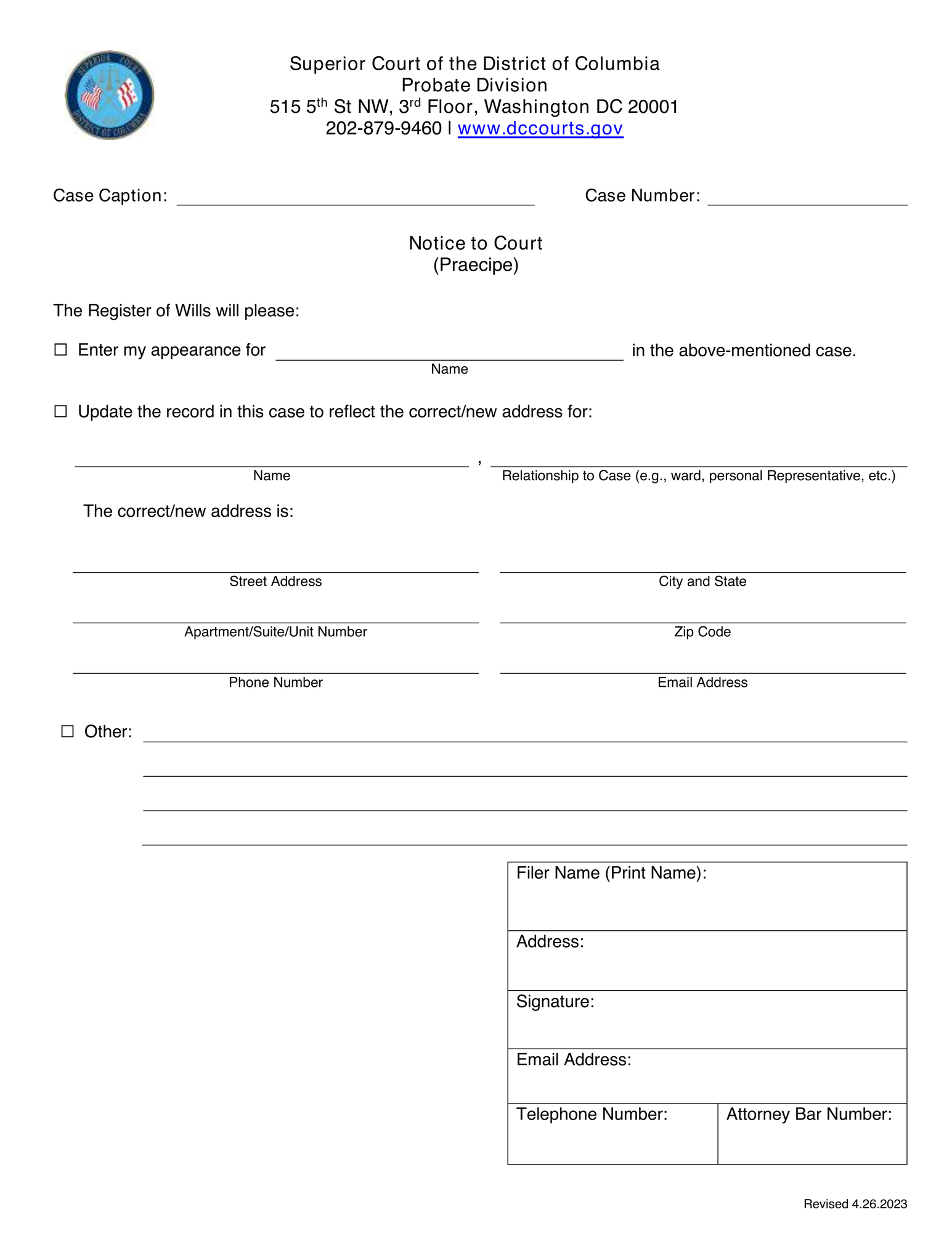 Notice to Court (Praecipe) – Probate Division thumbnail