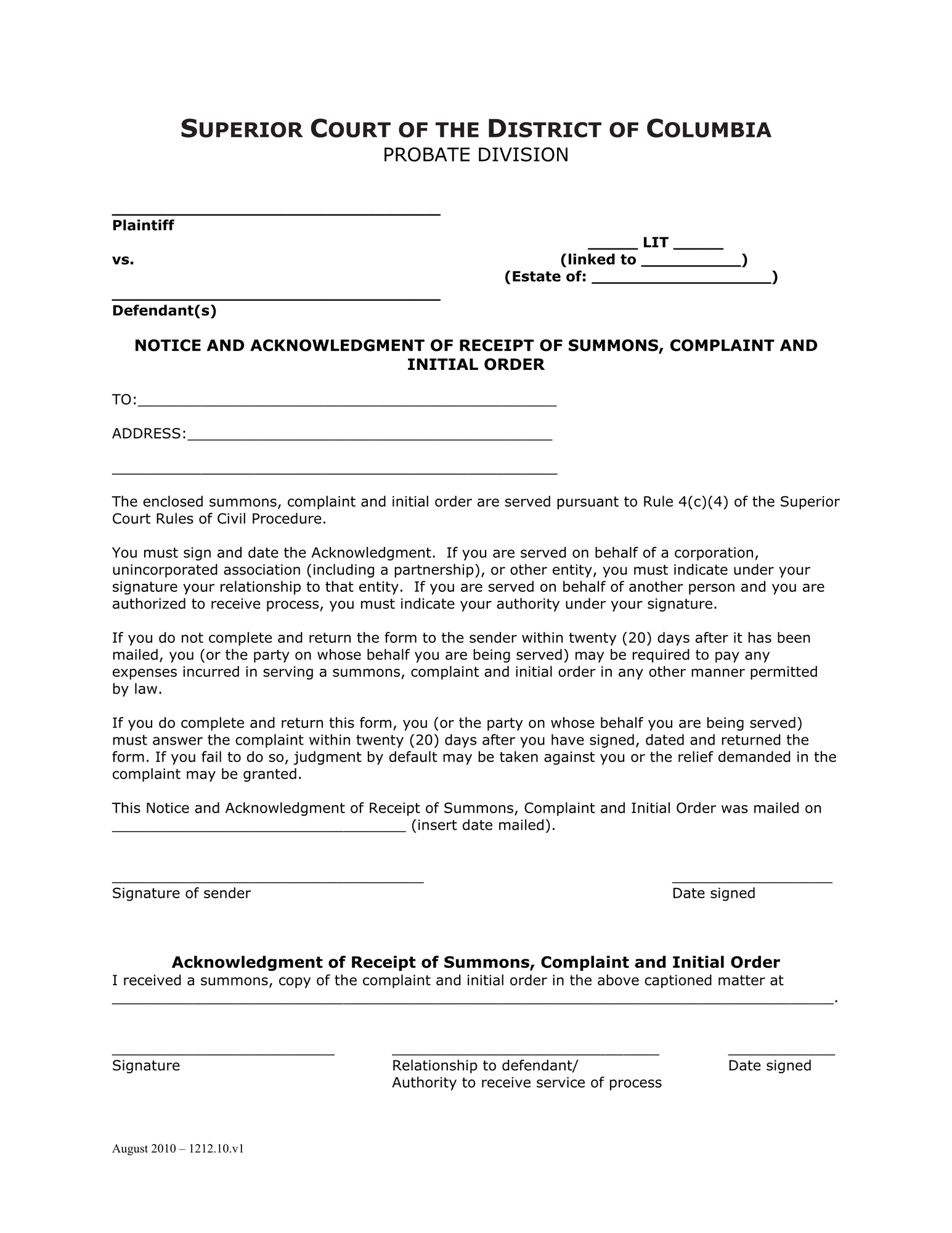 General Forms (LIT) - Notice and Acknowledgment of Receipt of Summons, Complaint and Initial Order thumbnail