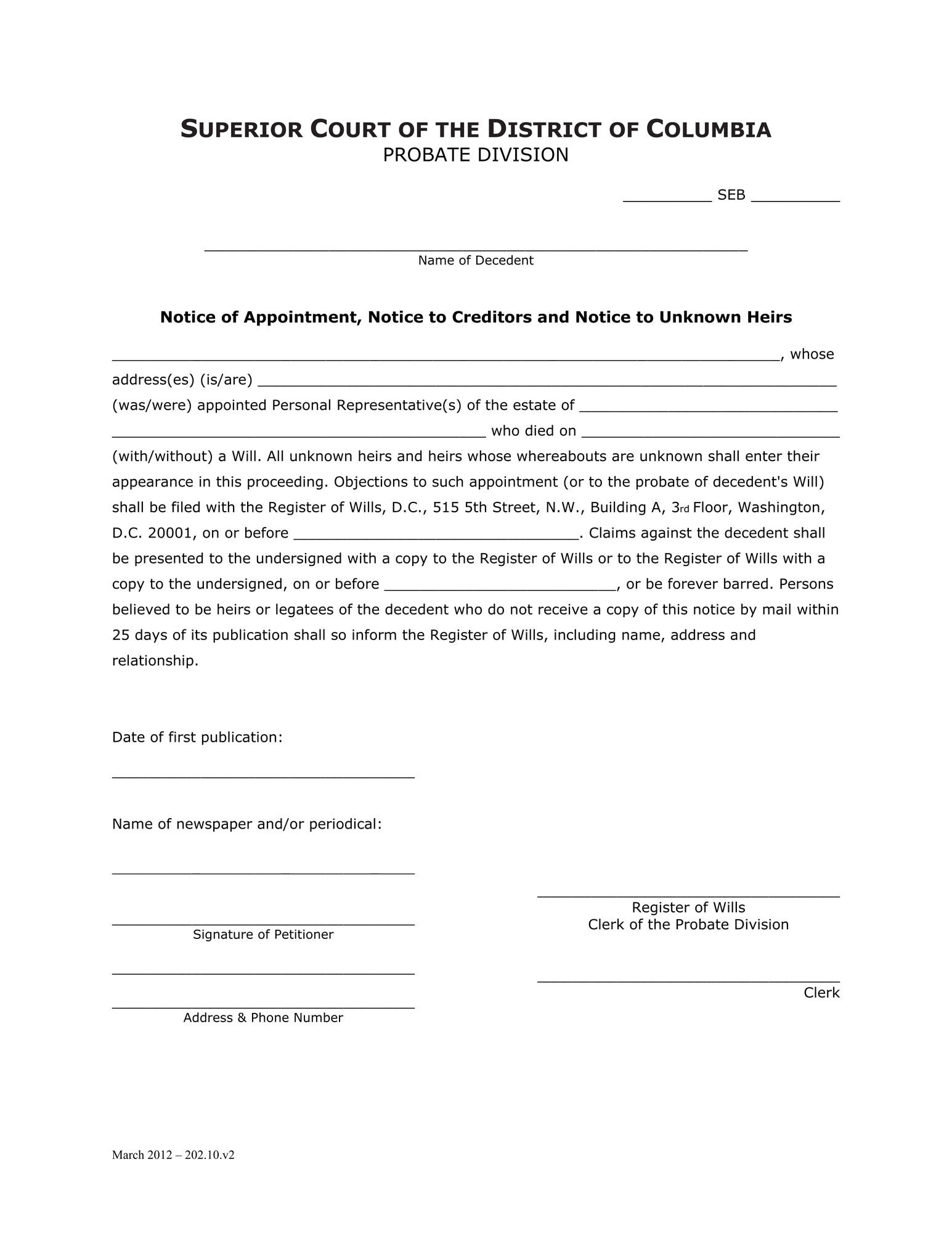 Case Initiation (SEB) - Notice of Appointment, Notice to Creditors and Notice to Unknown Heirs thumbnail