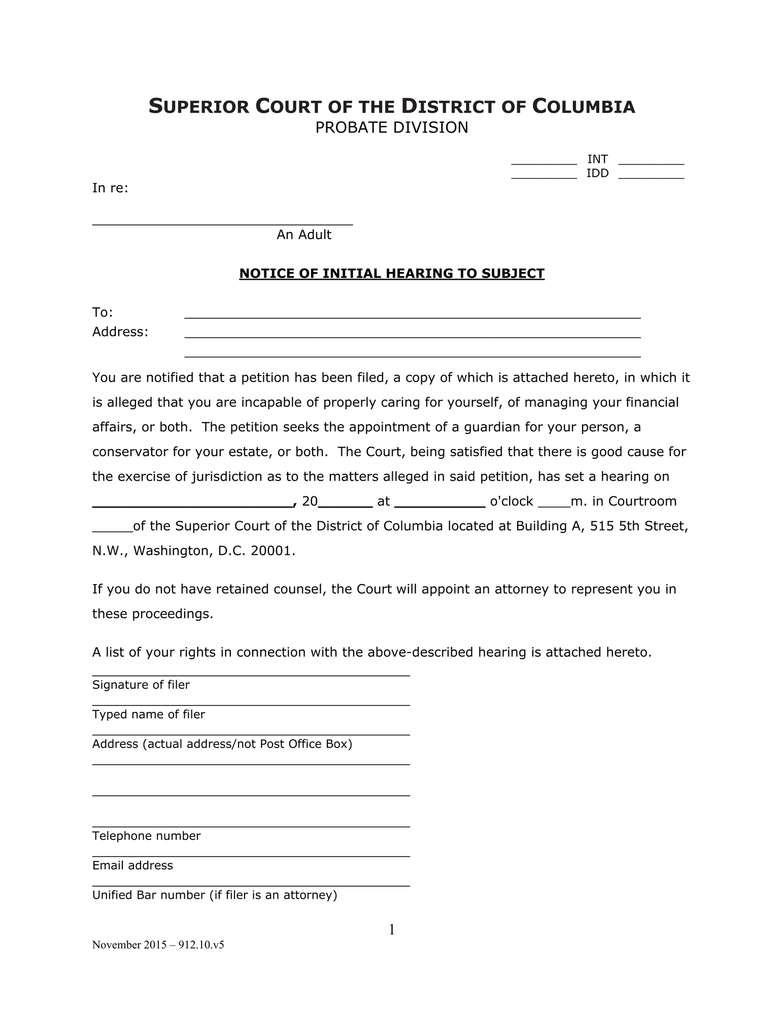 Case Initiation (INT) - Notice of Initial Hearing to Subject thumbnail