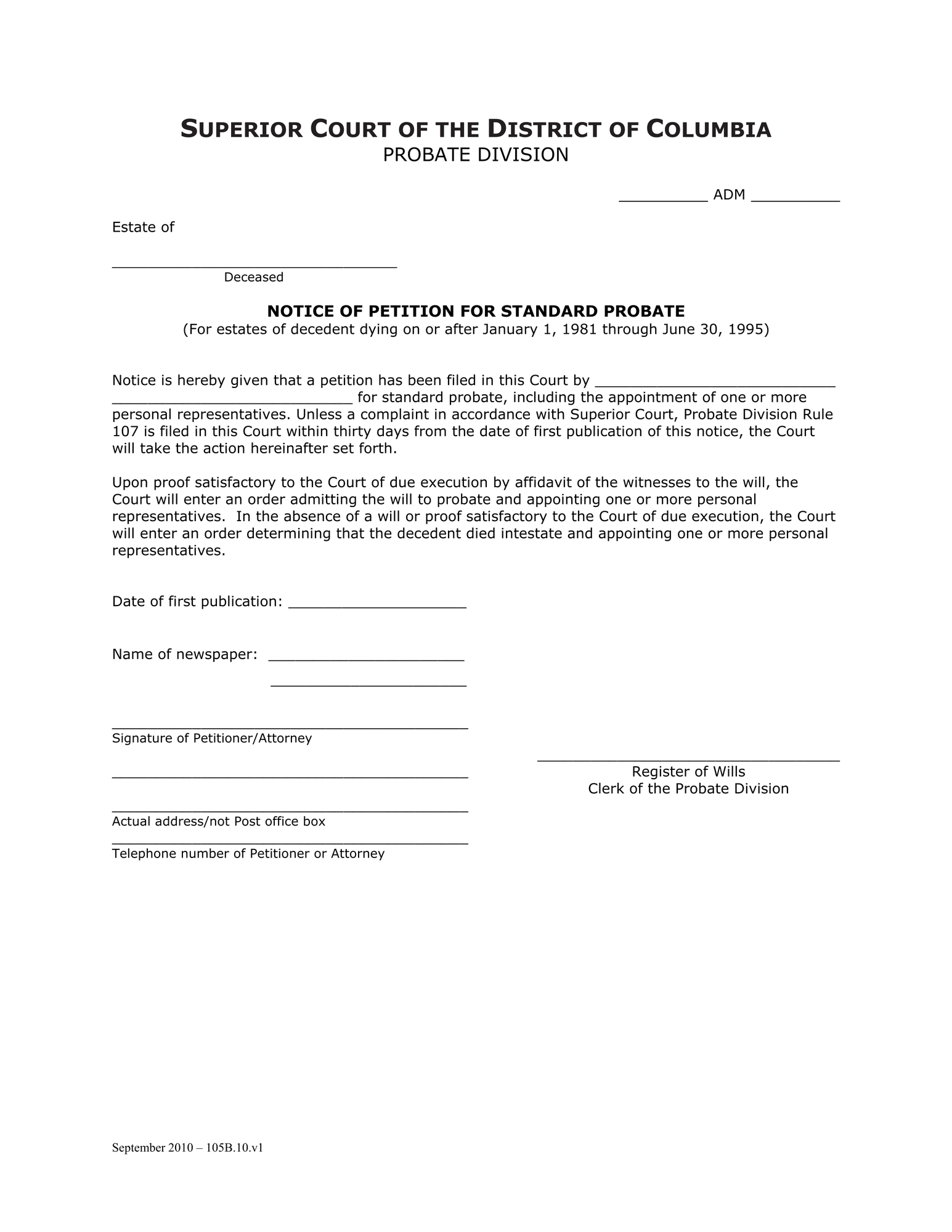Case Initiation - Standard Probate (ADM) - Notice of Petition for Standard Probate thumbnail